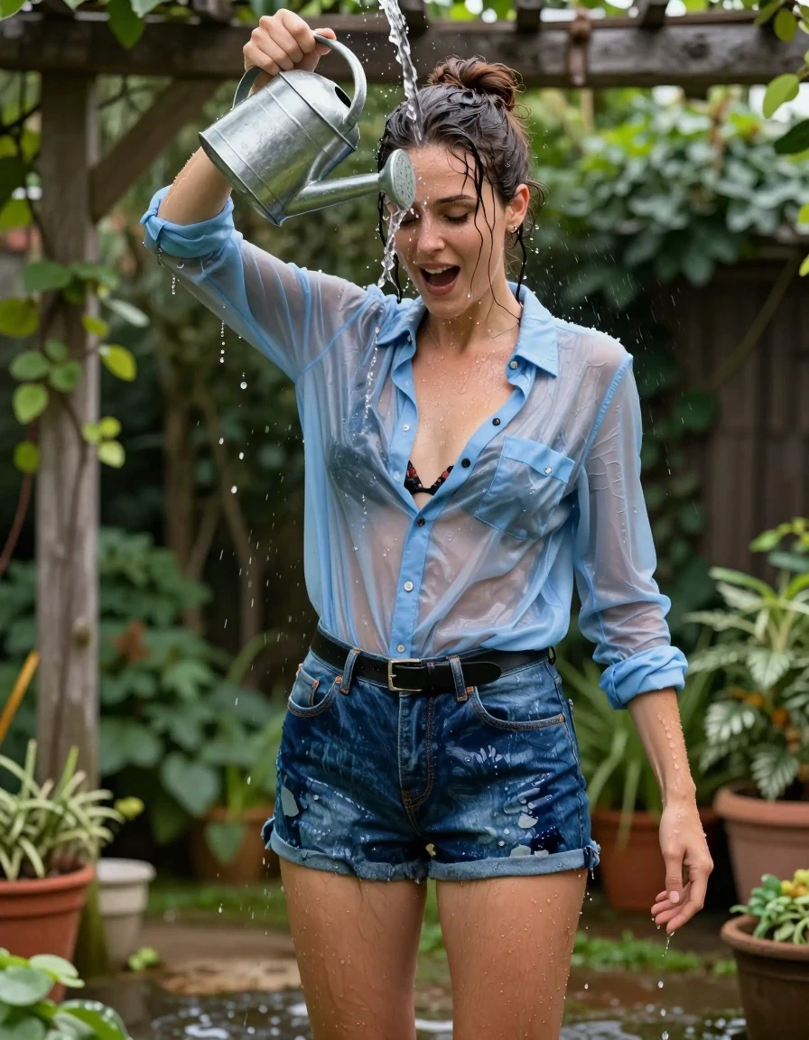 A 30-year-old European woman with brunette hair styled in a messy bun, completely drenched, slicked, and dripping with water, standing in a lush garden trellis backyard. She is wearing a light blue button-down shirt that is translucent and clingy from being soaked, revealing a black floral bikini top underneath. She wears denim shorts with a black leather belt; the shorts are soaking-wet blue denim, water-saturated heavyweight denim, blue changed to deep navy and indigo, substantially darker unevenly soaked patches, absorbed water, heavy wet folds, visible weave and stitching, and strong glossy specular reflections on the raised weave, seams, and creases. She is also wearing cloth strap sandals. The woman has a look of surprised joy as she holds a watering can, having accidentally tipped it directly over her head, with water cascading down her face and soaked clothing. Photorealistic, high-contrast lighting, cinematic depth of field, water sheen on skin, hyper-detailed wet texture.