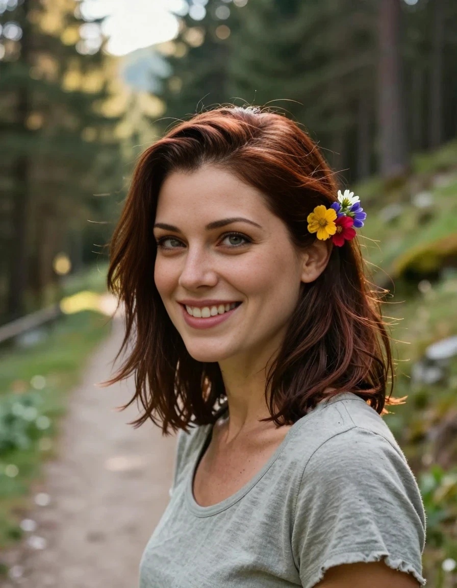 A realistic, close-up fashion portrait of a 25-year-old adult woman with shoulder-length dark auburn hair, walking along a sun-dappled mountain forest trail. She has a vibrant, colorful mountain wildflower tucked behind her ear. She is wearing a simple, casual cotton top and is smiling warmly at the camera. The background features soft-focus towering pine trees and dappled sunlight filtering through the canopy, creating a natural, ethereal glow. The framing is a tight close-up, capturing her face and shoulders, with her hair styled in a natural, slightly tousled way consistent with a day of hiking. The lighting is soft and golden, highlighting the texture of her hair and the delicate petals of the wildflower. The depicted adult woman has shoulder-length dark auburn hair. Show her face clearly toward the camera at a mild three-quarter angle, large enough for a natural portrait face reference.