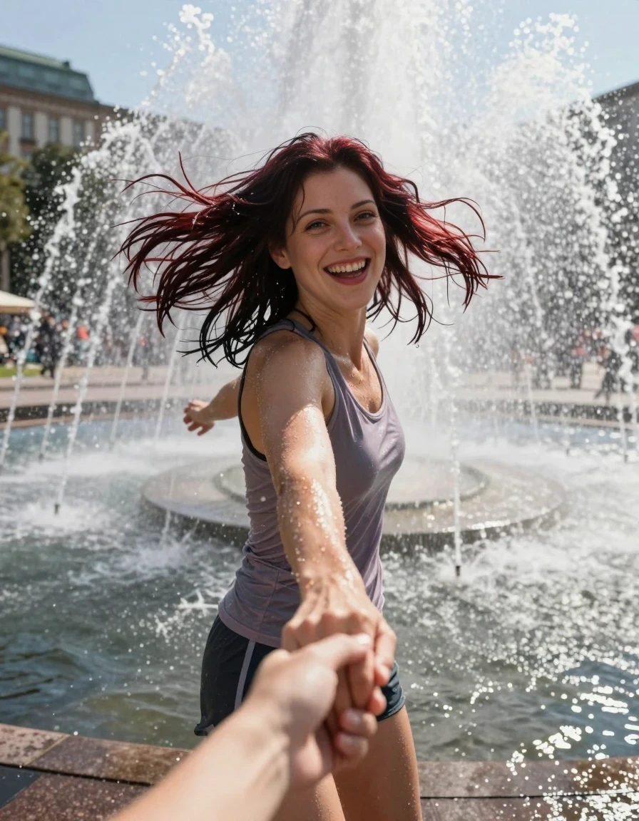 A high-quality, realistic vertical fashion photograph from a first-person POV perspective. The viewer is holding the hands of an adult woman with shoulder-length dark auburn hair, twirling her in the center of a powerful city fountain. As she spins, her hair fans out beautifully with droplets of water spraying from the tips. She is wearing a lightweight tank top and athletic shorts, both of which are completely soaked and clinging to her skin. She has a joyful, beaming expression with her eyes sparkling, fully embracing the exhilaration of being drenched by the surrounding fountain jets. The scene is filled with bright daylight, refreshing mist, and splashing water, creating a cinematic, joyful atmosphere. The depicted adult woman has shoulder-length dark auburn hair. Show her face clearly toward the camera at a mild three-quarter angle, large enough for a natural portrait face reference.
