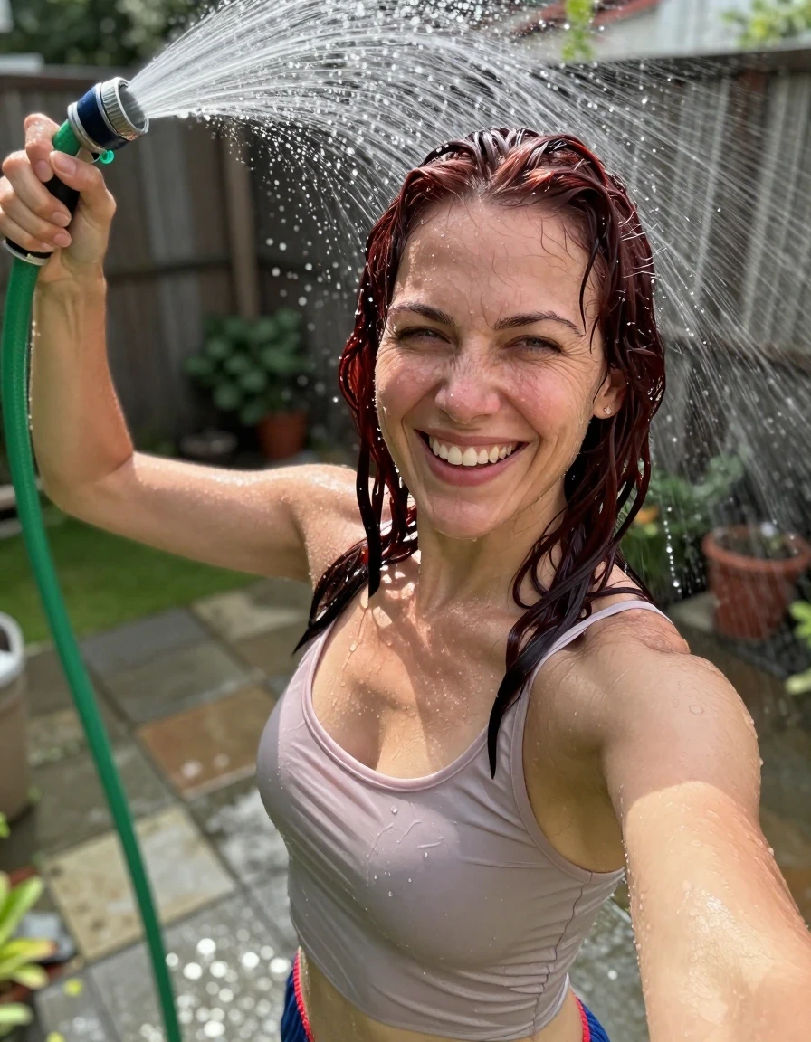 A high-quality, realistic vertical selfie photograph taken from the perspective of an adult woman holding a garden hose above her own head. The water is spraying down directly onto her hair and face, creating a refreshing, soaked effect. She has shoulder-length dark auburn hair that is completely wet and slicked back by the cascading water. She is wearing a lightweight tank top and athletic shorts, which are thoroughly soaked and clinging to her skin. Her expression is one of pure joy, with a big smile and eyes squinting slightly against the spray. The background is a simple, private fenced-in backyard patio, slightly blurred. The lighting is bright and natural, highlighting the shimmering water droplets in the air. The depicted adult woman has shoulder-length dark auburn hair. Show her face clearly toward the camera at a mild three-quarter angle, large enough for a natural portrait face reference.