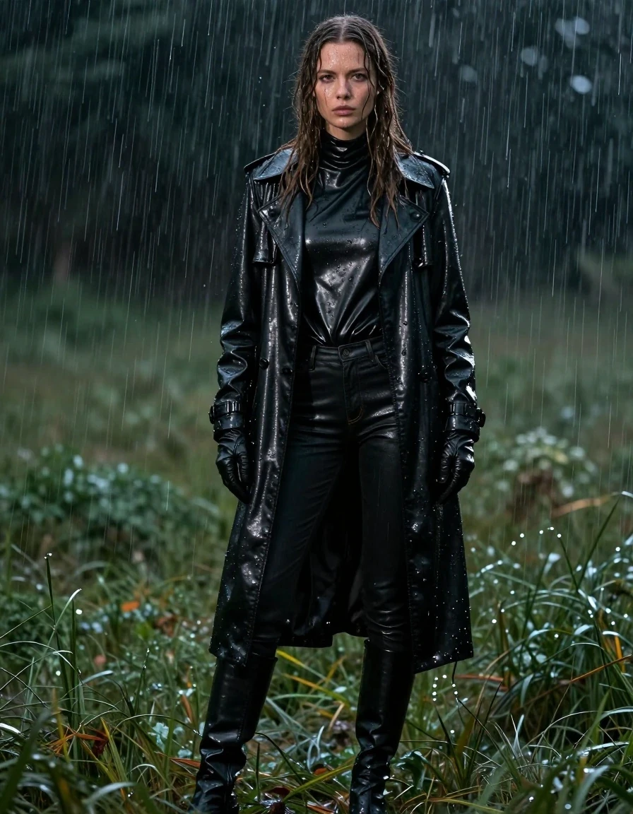 A photorealistic full-body shot of a young adult European woman with long, dripping wet brown hair, standing in a dark meadow during a heavy rainstorm. She is wearing an oversize black leather polar neck shirt, a long black leather trench coat, black leather jeans, and black leather knee-high boots, with matching leather gloves on both hands. Her skin and clothing are visibly drenched; the black leather is slick, heavy with water, and covered in high-contrast specular highlights and water sheen from the rain. The leather fabric is saturated, showing deep folds, clinging textures, and reflective wet surfaces. The woman has a focused expression, her skin glistening with rivulets of rainwater. The environment is dark and atmospheric, with heavy rain streaks visible against the night sky, creating a moody, cinematic aesthetic. The image features sharp focus, professional photography, 8k resolution, intricate detail on the wet fabric textures, and realistic water physics, ensuring a fully clothed, non-nude, and highly detailed composition.