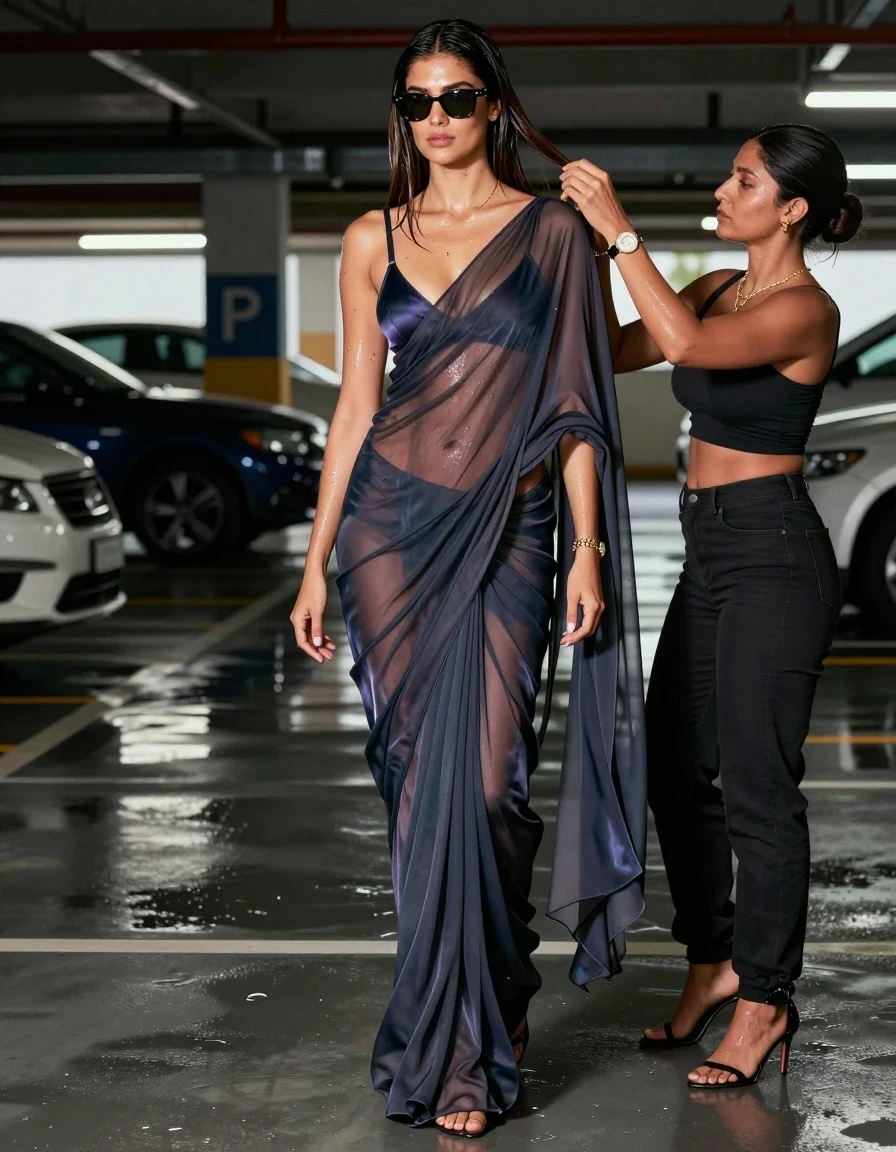 A photorealistic medium shot of a 20-year-old Australian woman with a straight silky hairstyle and a side hair part, wearing Meta Ray-Ban sunglasses, standing in a multi-level car park. She is wearing a single-color, smooth transparent chiffon saree with an open pallu and a matching chiffon blouse, accessorized with a gold thin chain and a luxury watch. Her feet are adorned in high-end stiletto heels. Nearby, another woman dressed in revealing Western-style clothing is carefully adjusting the model's saree drape. The model is captured in the act of styling her hair. The scene features wet conditions: the model's hair is damp and sleek, her skin has a realistic water sheen, and the chiffon fabric is soaked, clinging to her body with darker, saturated tones, increased transparency, and heavy, wet folds. The lighting is cinematic, reflecting off the wet surfaces of the car park floor and the model's drenched clothing. High-resolution, sharp focus, 8k, professional fashion photography, avoiding any Indian model aesthetic, no hair buns, and no dry clothing textures.