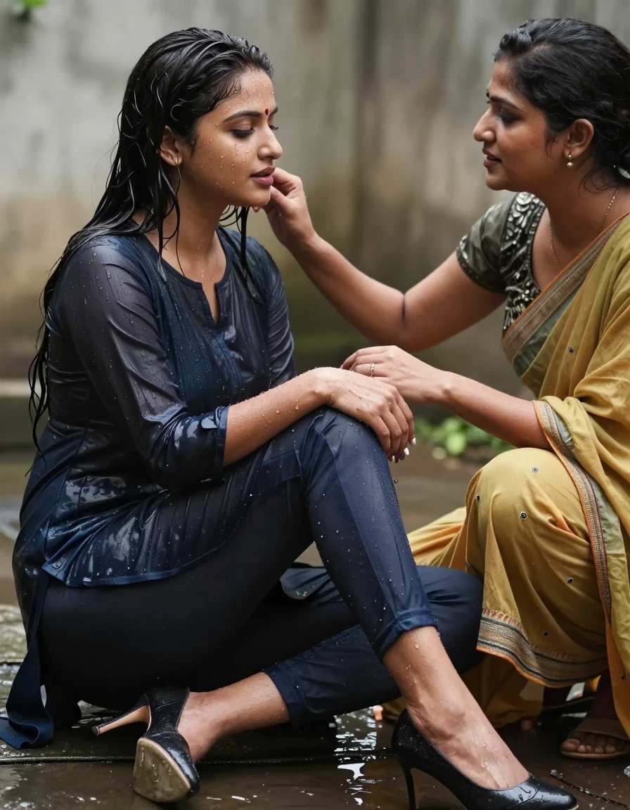 photo of young woman, in soaking wet, drenched clothes,
Stilletto heels, Leggings , Kurti, Lawn , 
enjoying, wet clothes stuck to body,
detailed textures of the wet clothes, wet face, wet plastered hair,
wet, drenched, professional, high-quality details, full body view.
sharp focus, ultra-high pixel detail, realistic, high-quality, full colors, incredibly detailed, 4k, 8k, 16k, hyper-realistic, RAW photo, masterpiece, ultra-detailed, professionally color graded, professional photograph, , side hair part,  another women in western revealing clothes  seduces the model, wet skin, wet clothes, damp fabric
