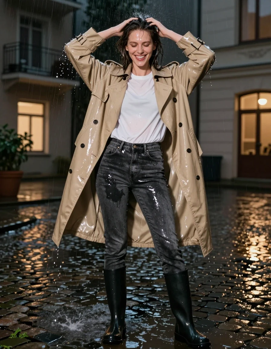 A young adult European woman in an urban apartment courtyard at night, laughing while shaking water from her hair, cinematic rainy-night mood. She is wearing an oversized beige trench coat that is heavy, soaked, and draped over a white cotton t-shirt, paired with charcoal grey skinny jeans that are soaking-wet denim, water-saturated heavyweight denim, charcoal grey changed to deep dark slate and charcoal, substantially darker unevenly soaked patches, absorbed water, heavy wet folds, visible weave and stitching, and strong glossy specular reflections on the raised weave, seams, and creases, clinging tightly to her legs. She wears black rubber knee-high rain boots. The clothing is completely drenched from a passing car splash, showing realistic weight, fabric texture, and water sheen. The wet cobblestones reflect warm ambient window light. Medium-wide angle shot, camera focused on fabric texture and water droplets, rich natural color, balanced bright exposure, moderate contrast, photorealistic lifestyle photography, clean anatomy, sharp focus, high resolution.