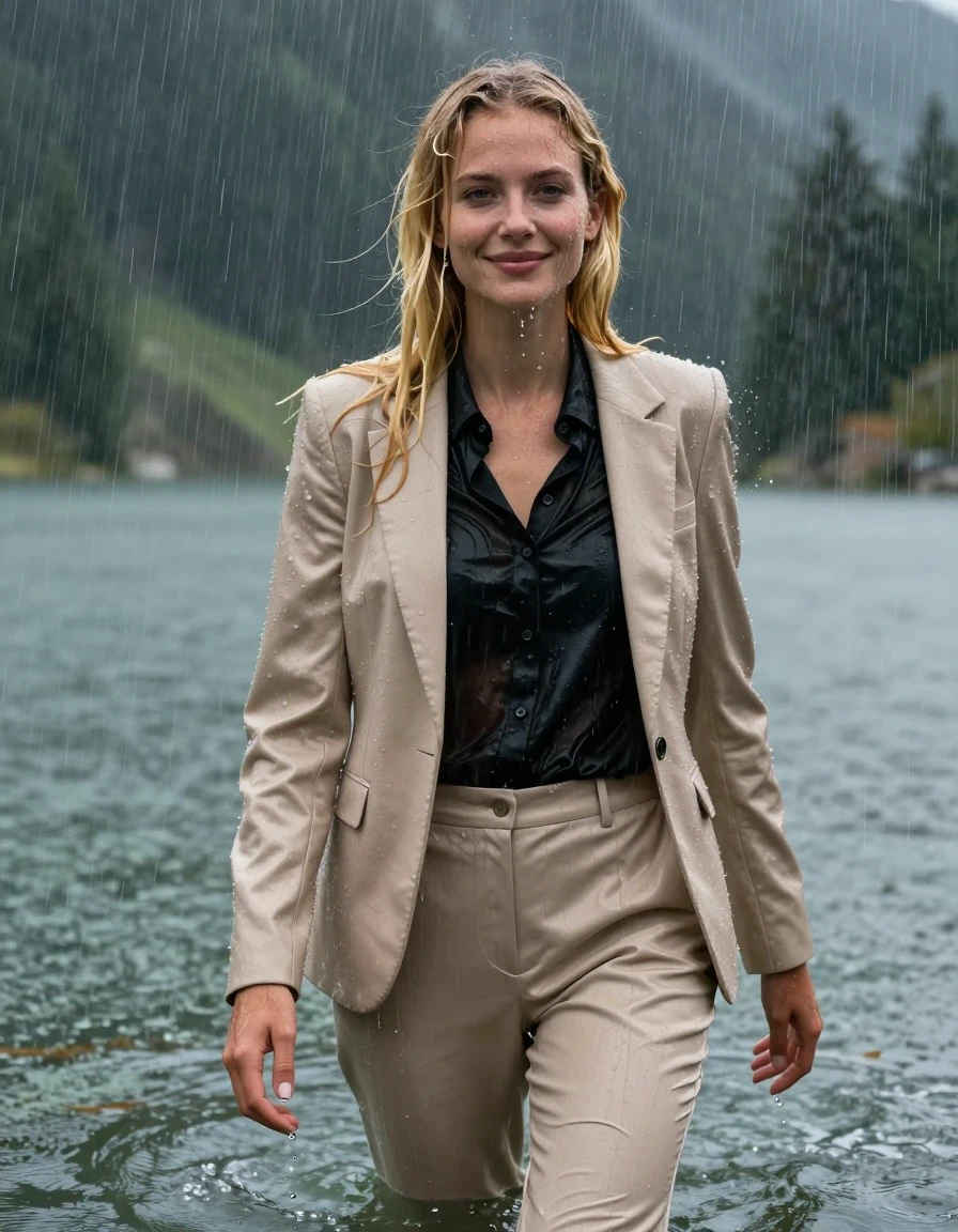 A stunning young European woman with long layered blonde hair and a side parting, standing in deep water at a mountain lake during a torrential rain storm. She is wearing a beige business suit jacket over a black button-down long-sleeve shirt and beige business suit trousers. She is completely soaked and drenched, with her clothes heavy and clinging to her body; the fabric is damp and saturated, with the black shirt becoming translucent and the beige suit darkening significantly from the water. She has a subtle, gentle smile, open eyes, and her skin and hair are glistening with a realistic wet sheen. The atmosphere is intense with heavy rain showering down, creating a dramatic wetlook effect with water running down her face and clothing. Full body view, photorealistic, 4k high resolution, cinematic lighting, hyper-detailed wet textures, water droplets, and clinging fabric.