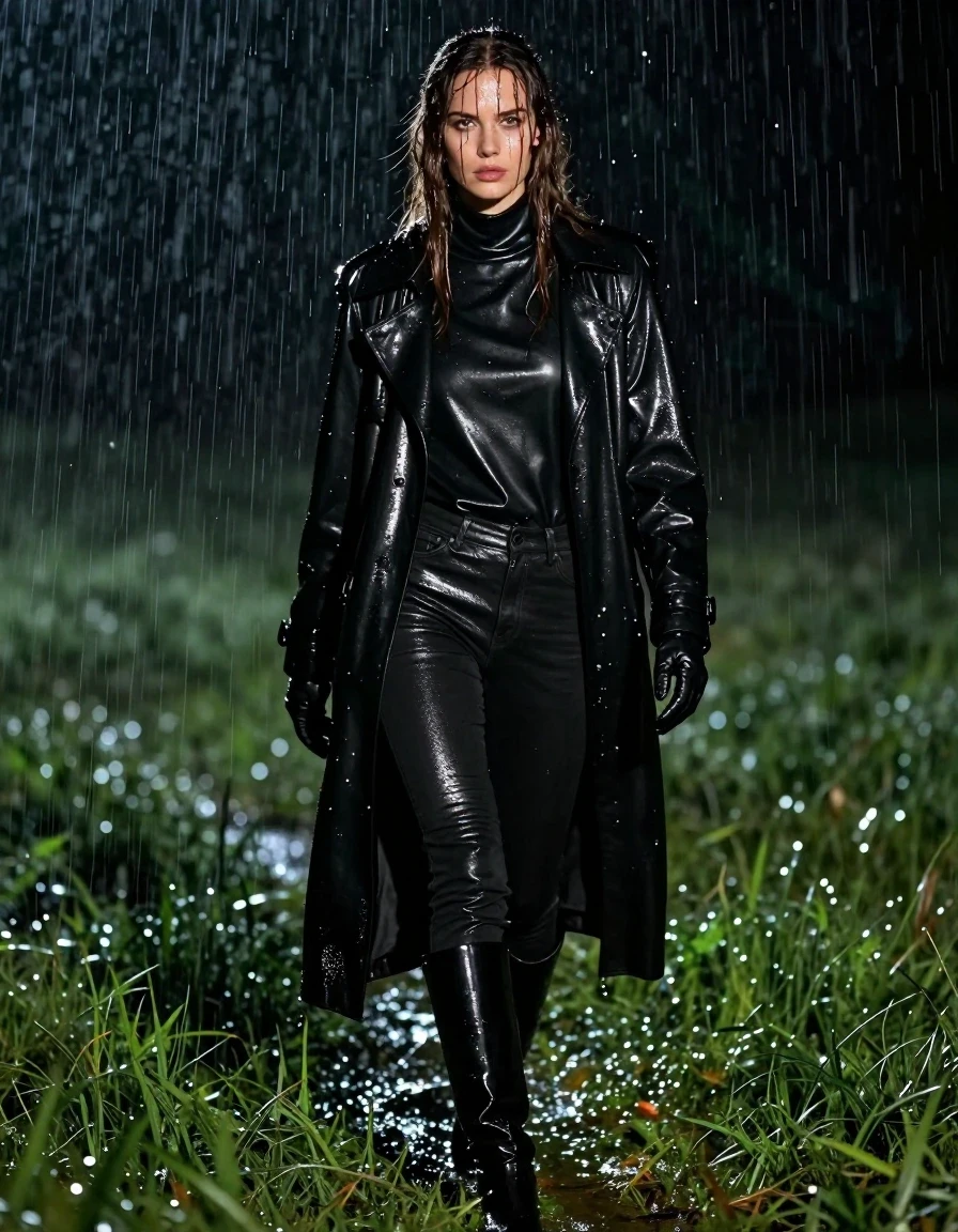 A stunning, photorealistic full-body shot of a young adult European woman with long, dripping wet brown hair, walking through a dark, rain-drenched meadow at night. She is wearing an oversize black leather polar neck shirt, a heavy black leather trench coat, and black leather gloves. Her legs are clad in black leather jeans, which are visibly soaked, clinging to her skin with heavy, deep-toned wet folds and a high-gloss, reflective sheen characteristic of saturated leather. She wears black leather knee-high boots that glisten under the rain. Her skin and clothes are completely drenched, with water running down her face and hair, creating a heavy, saturated appearance. The scene is illuminated by harsh, moody moonlight reflecting off the wet surfaces of her clothes and the rain-slicked grass. The atmosphere is intense and cinematic, with sharp focus on the textures of the wet leather and the cascading water. Exclude all nudity, ensure clean anatomy, and maintain a focus on the realistic wet-look aesthetic.