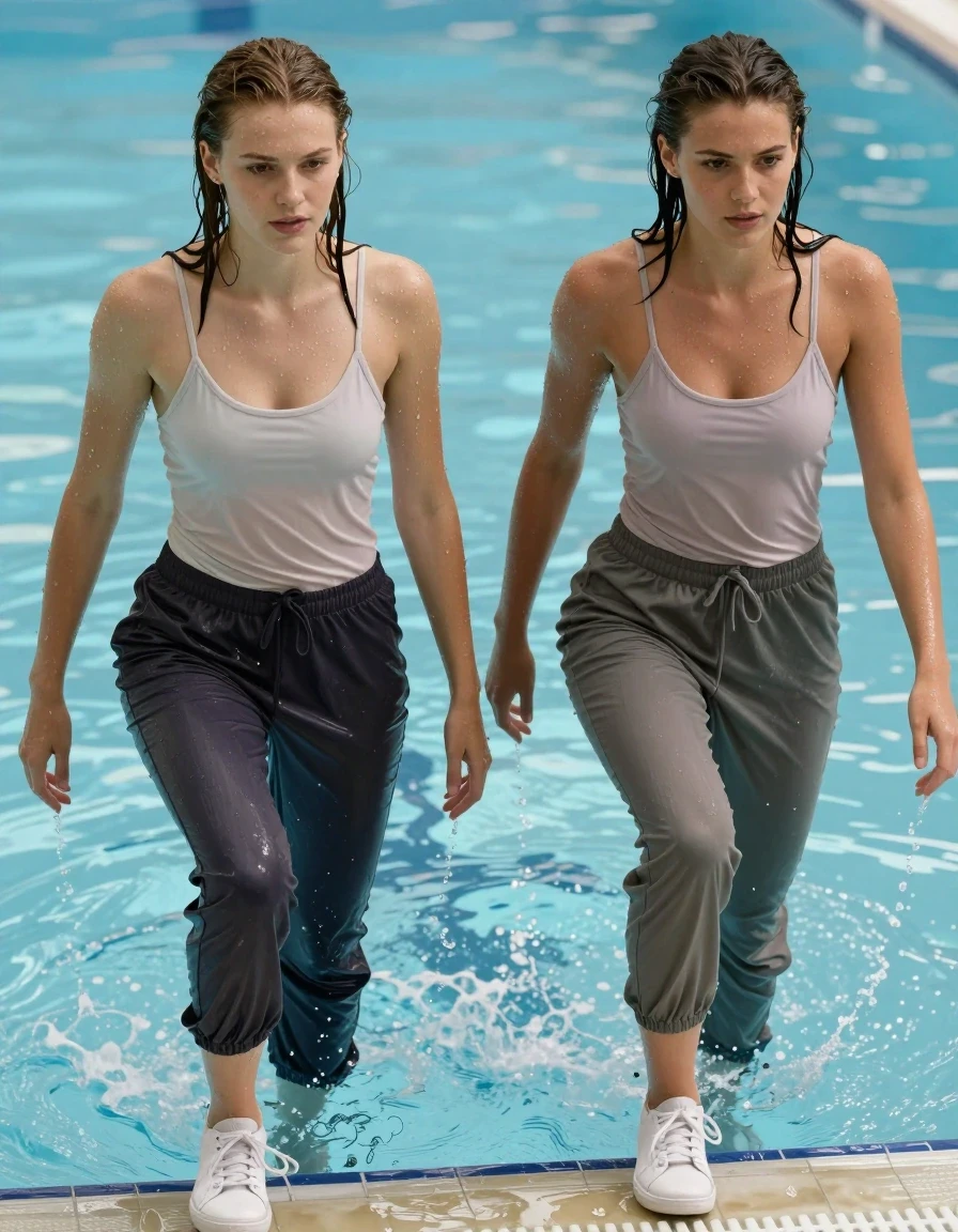 A high-detail, full-body cinematic shot of two stunning young adult European brunette women emerging from a swimming pool, their skin glistening with water droplets and hair slicked back, wet and dripping. They are both wearing light-colored tops and long 80s-style jogging pants, all garments soaking wet, heavy with absorbed water, clinging to their bodies, with fabric darkening and showing deep, saturated textures, folds, and clinging silhouettes. Both women are wearing white sneakers that are saturated and soaked through. They are posing confidently as they climb out of the pool, water cascading off their clothes. The lighting is bright and natural, highlighting the water sheen and the realistic texture of the wet fabric and skin. Professional photography, sharp focus, 8k resolution, highly realistic, capturing the moment of emerging from the water with dynamic movement.