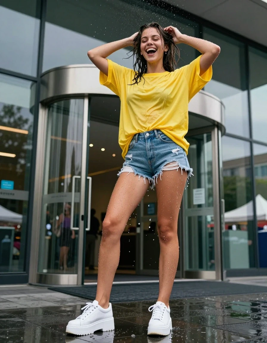 photo of young woman, in soaking wet, drenched clothes,
white leather platform sneakers soaked with water droplets, distressed light wash denim shorts dripping with moisture, oversized bright yellow cotton t-shirt clinging to skin from water saturation, grand glass office building entrance during a summer festival, 
enjoying, wet clothes stuck to body,
detailed textures of the wet clothes, wet face, wet plastered hair,
wet, drenched, professional, high-quality details, full body view.
sharp focus, ultra-high pixel detail, realistic, high-quality, full colors, incredibly detailed, 4k, 8k, 16k, hyper-realistic, RAW photo, masterpiece, ultra-detailed, professionally color graded, professional photograph, a young woman laughing as she shakes her damp hair, water droplets flying through the air, caught in harsh camera flash, glossy reflections on her skin and fabric, high contrast, vibrant saturated colors, captured in a dynamic low-angle wide shot, photorealistic lifestyle photography., wet skin, wet clothes, damp fabric