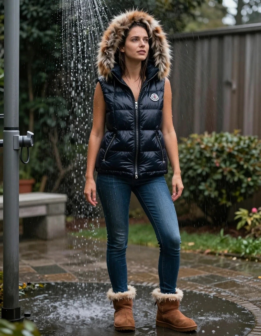 photo of young woman, in soaking wet, drenched clothes,
Uggs , Jeans, Two Moncler gilets with big fur hoods, Shower, 
enjoying, wet clothes stuck to body,
detailed textures of the wet clothes, wet face, wet plastered hair,
wet, drenched, professional, high-quality details, full body view.
sharp focus, ultra-high pixel detail, realistic, high-quality, full colors, incredibly detailed, 4k, 8k, 16k, hyper-realistic, RAW photo, masterpiece, ultra-detailed, professionally color graded, professional photograph, Standing, wet skin, wet clothes, damp fabric
