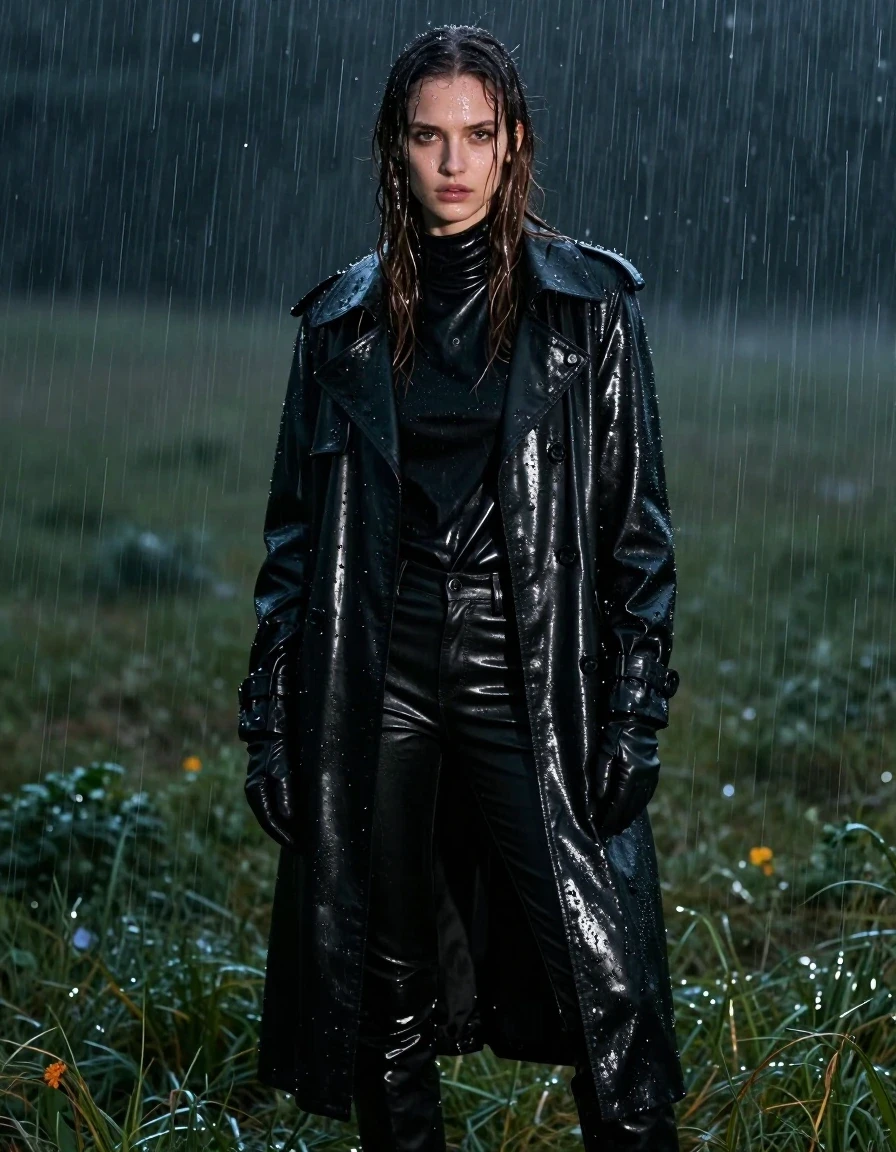 A stunning, photorealistic portrait of a young adult European woman with long, dripping wet brown hair, standing in a vast meadow during a heavy rainstorm at night. Her skin is glistening with water, and she is wearing an oversize black leather polar neck shirt, black leather gloves on both hands, a long black leather trench coat, and black leather jeans, all visibly drenched and clinging to her body with heavy, water-saturated folds and a distinct, glossy wet sheen. The black leather materials appear darkened and highly reflective under the ambient night light, showcasing realistic water runoff and texture. The scene is captured with intense atmospheric detail, emphasizing the heavy rain, the damp, dark environment, and the woman's wet, soaked appearance. The composition is a cinematic full-body shot, maintaining full clothing coverage with no nudity, featuring sharp focus on the textures of the wet leather, the droplets on her skin, and the moody, rain-swept meadow background.