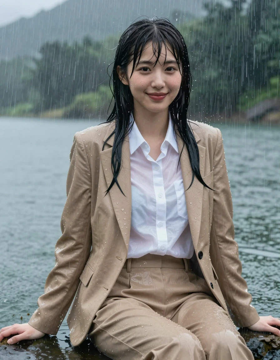 A stunningly photorealistic full-body portrait of a young Japanese woman with a long layered haircut and side-parted hair, sitting in the deep water of a mountain lake during a torrential rainstorm. She is wearing a beige business suit jacket over a white button-down long-sleeve shirt and matching beige business suit trousers. The entire outfit is completely soaked, heavily drenched, and saturated with water, causing the fabric to become heavy, damp, and cling tightly to her body, with the white shirt becoming translucent against her skin. Her skin is glistening with wetness, and her hair is wet and plastered to her face. She has an open-eyed, gentle, smiling expression while being showered by heavy, visible rain. The lighting is moody and atmospheric, emphasizing the wet sheen on her skin and the dark, heavy texture of the soaked beige fabric. High resolution, 4k, cinematic composition, sharp focus on the subject with a blurred, stormy mountain lake background, vivid wetlook details, realistic fabric weight and folds.