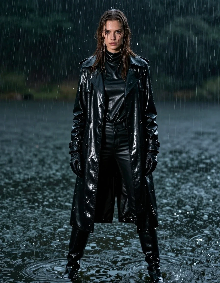 A photorealistic full-body shot of a young adult European woman with long, dripping wet brown hair, standing deep in a lake at night during a heavy rainstorm. She is wearing an oversize black leather polar neck shirt, a long black leather trench coat, black leather jeans, and black leather knee-high boots, with matching black leather gloves on both hands. Her skin and clothing are thoroughly drenched, with the leather garments exhibiting a heavy, water-slicked sheen, dark saturated tones, and clinging tightly to her frame. The fabric shows realistic water weight, deep folds, and intense specular reflections from the rain and ambient night lighting. She has a composed expression, with water streaming down her face and hair. The setting is a dark, moody lake with visible raindrops splashing on the water surface and rippling around her. Cinematic lighting highlights the wet textures and the glossy, reflective surfaces of the leather, highly detailed, sharp focus, 8k resolution, professional photography, no nudity, fully clothed.