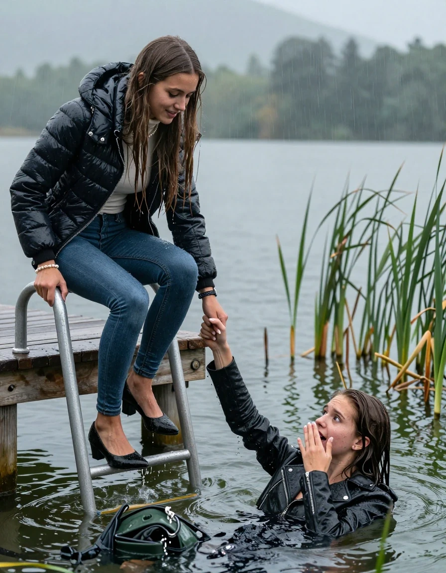 photo of young woman, in soaking wet, drenched clothes,
Heels, Completely soaked tight skinny jeans , Moncler shiny puffer down jacket, Tight turtleneck sweater belly free, handbag, pearl necklace, bracelet, wristwatch , Two Girls on a wooden bathing platform with a bathing ladder on a beautiful lake. The girls smiles with a sense of adventure and climbs the ladder already half submerged into the water. The water reaches up to her chest. Heavy Rain. , 
enjoying, wet clothes stuck to body,
detailed textures of the wet clothes, wet face, wet plastered hair,
wet, drenched, professional, high-quality details, full body view.
sharp focus, ultra-high pixel detail, realistic, high-quality, full colors, incredibly detailed, 4k, 8k, 16k, hyper-realistic, RAW photo, masterpiece, ultra-detailed, professionally color graded, professional photograph, sleek long straight hair

19 years old  teenage girl

Laying her breast on the surface.  Looking slightly away.

One Girl inside the water with a biker leatherjacket and one hand on her mouth, hold with the other the viewer's hand, pulling them she is completely underwater up to her neck, afraid and astonished expression. 

She hides in the reeds.

her submerged clothes are hardly vusible under water, she soaked her handbag into the water. The Girls wear different clothes. 

close up view, wet skin, wet clothes, wet hair, damp fabric, water runs down the clothes, wet skin, wet clothes, damp fabric, wet skin, wet clothes, damp fabric, wet skin, wet clothes, damp fabric, wet skin, wet clothes, damp fabric, wet skin, wet clothes, damp fabric, wet skin, wet clothes, damp fabric, wet skin, wet clothes, damp fabric, wet skin, wet clothes, damp fabric, wet skin, wet clothes, damp fabric, wet skin, wet clothes, damp fabric, wet skin, wet clothes, damp fabric, wet skin, wet clothes, damp fabric, wet skin, wet clothes, damp fabric, wet skin, wet clothes, damp fabric, wet skin, wet clothes, damp fabric, wet skin, wet clothes, damp fabric, wet skin, wet clothes, damp fabric, wet skin, wet clothes, damp fabric, wet skin, wet clothes, damp fabric