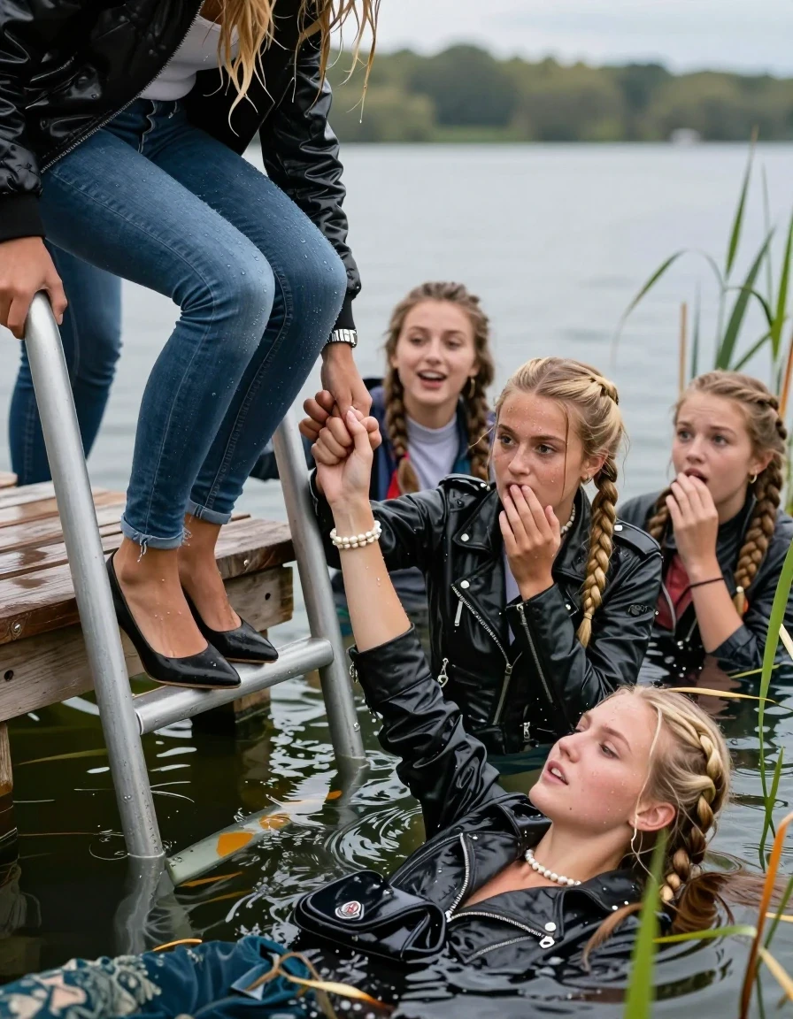 photo of young woman, in soaking wet, drenched clothes,
Heels, Completely soaked tight skinny jeans , Moncler shiny puffer down jacket, Tight turtleneck sweater belly free, handbag, pearl necklace, bracelet, wristwatch , Group of Girls on a wooden bathing platform with a bathing ladder on a beautiful lake. The girls smiles with a sense of adventure and climbs the ladder already half submerged into the water. The water reaches up to her chest., 
enjoying, wet clothes stuck to body,
detailed textures of the wet clothes, wet face, wet plastered hair,
wet, drenched, professional, high-quality details, full body view.
sharp focus, ultra-high pixel detail, realistic, high-quality, full colors, incredibly detailed, 4k, 8k, 16k, hyper-realistic, RAW photo, masterpiece, ultra-detailed, professionally color graded, professional photograph, Blonde sleek long straight hair, sleek ponytail, two long braids

19 years old  teenage girl

Laying her breast on the surface.  Looking slightly away.

One Girl inside the water with a biker leatherjacket and one hand on her mouth, hold with the other the viewer's hand, pulling them she is completely underwater up to her neck, afraid and astonished expression. 

She hides in the reeds.

her submerged clothes are hardly vusible under water, she soaked her handbag into the water. The Girls wear different clothes. 

close up view, wet skin, wet clothes, wet hair, damp fabric, water runs down the clothes, wet skin, wet clothes, damp fabric, wet skin, wet clothes, damp fabric, wet skin, wet clothes, damp fabric, wet skin, wet clothes, damp fabric, wet skin, wet clothes, damp fabric, wet skin, wet clothes, damp fabric, wet skin, wet clothes, damp fabric, wet skin, wet clothes, damp fabric, wet skin, wet clothes, damp fabric, wet skin, wet clothes, damp fabric, wet skin, wet clothes, damp fabric, wet skin, wet clothes, damp fabric, wet skin, wet clothes, damp fabric, wet skin, wet clothes, damp fabric, wet skin, wet clothes, damp fabric, wet skin, wet clothes, damp fabric, wet skin, wet clothes, damp fabric, wet skin, wet clothes, damp fabric, wet skin, wet clothes, damp fabric, wet skin, wet clothes, damp fabric