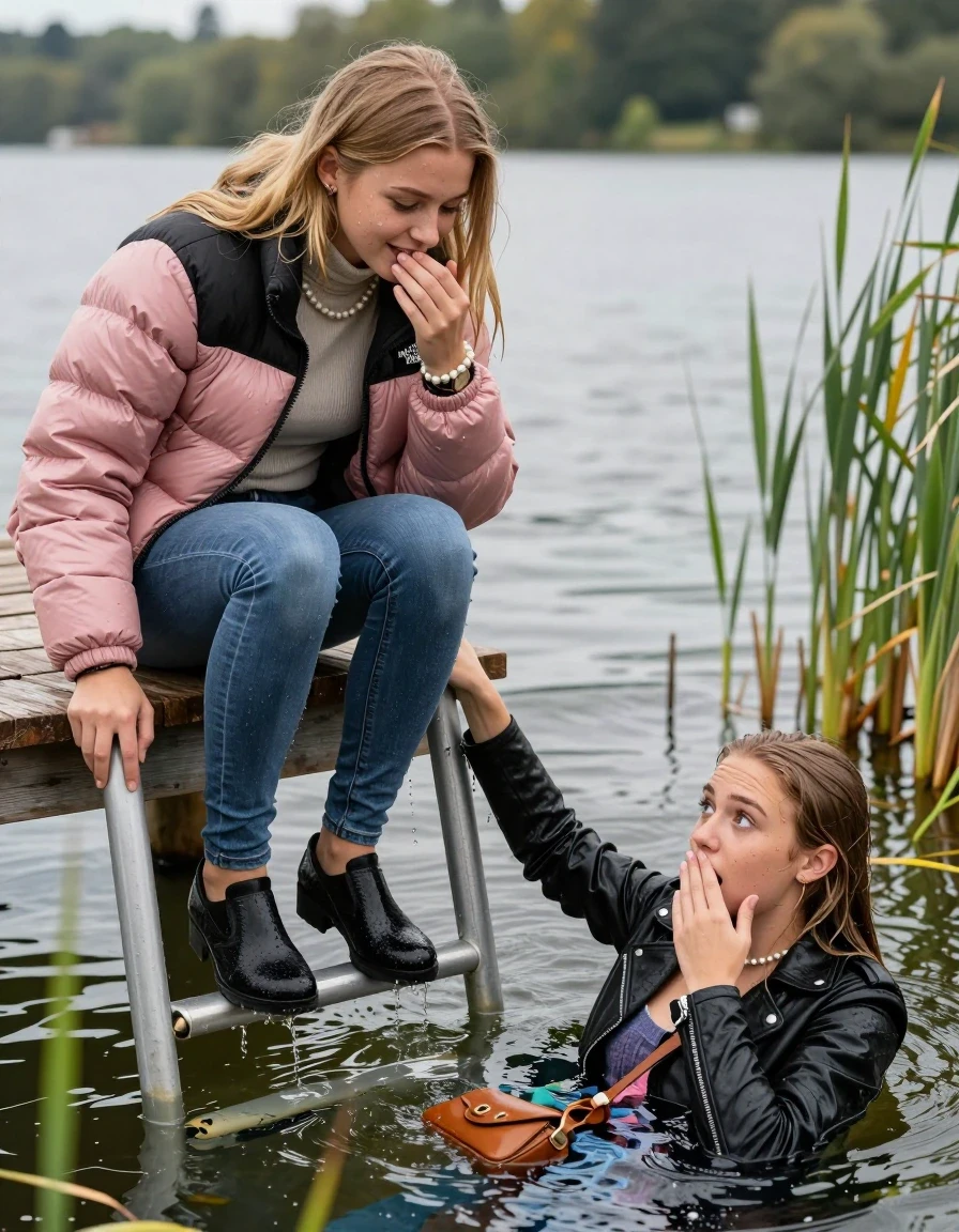 photo of young woman, in soaking wet, drenched clothes,
Heels, Completely soaked tight skinny jeans, Pink Puffer down jacket from north face, Tight turtleneck sweater belly free, handbag, pearl necklace, bracelet, wristwatch , Two Girls on a wooden bathing platform with a bathing ladder on a beautiful lake. The girls smiles with a sense of adventure and climbs the ladder into the water. The water reaches up to her chest., 
enjoying, wet clothes stuck to body,
detailed textures of the wet clothes, wet face, wet plastered hair,
wet, drenched, professional, high-quality details, full body view.
sharp focus, ultra-high pixel detail, realistic, high-quality, full colors, incredibly detailed, 4k, 8k, 16k, hyper-realistic, RAW photo, masterpiece, ultra-detailed, professionally color graded, professional photograph, Blond sleek long straight hair

19 years old  teenage girl

Laying her breast on the surface.  Looking slightly away. Hold her hand over mouth.

One Girl inside the water with a black biker leatherjacket and one hand on her mouth, hold with the other the viewer's hand, pulling them she is completely underwater up to her neck, afraid and astonished expression. 

She hides in the reeds.

her submerged clothes are hardly vusible under water, she soaked her handbag into the water. The Girls wear different clothes. 

close up view, wet skin, wet clothes, wet hair, damp fabric, water runs down the clothes, wet skin, wet clothes, damp fabric, wet skin, wet clothes, damp fabric, wet skin, wet clothes, damp fabric, wet skin, wet clothes, damp fabric, wet skin, wet clothes, damp fabric, wet skin, wet clothes, damp fabric, wet skin, wet clothes, damp fabric, wet skin, wet clothes, damp fabric, wet skin, wet clothes, damp fabric, wet skin, wet clothes, damp fabric, wet skin, wet clothes, damp fabric, wet skin, wet clothes, damp fabric, wet skin, wet clothes, damp fabric, wet skin, wet clothes, damp fabric, wet skin, wet clothes, damp fabric, wet skin, wet clothes, damp fabric, wet skin, wet clothes, damp fabric, wet skin, wet clothes, damp fabric