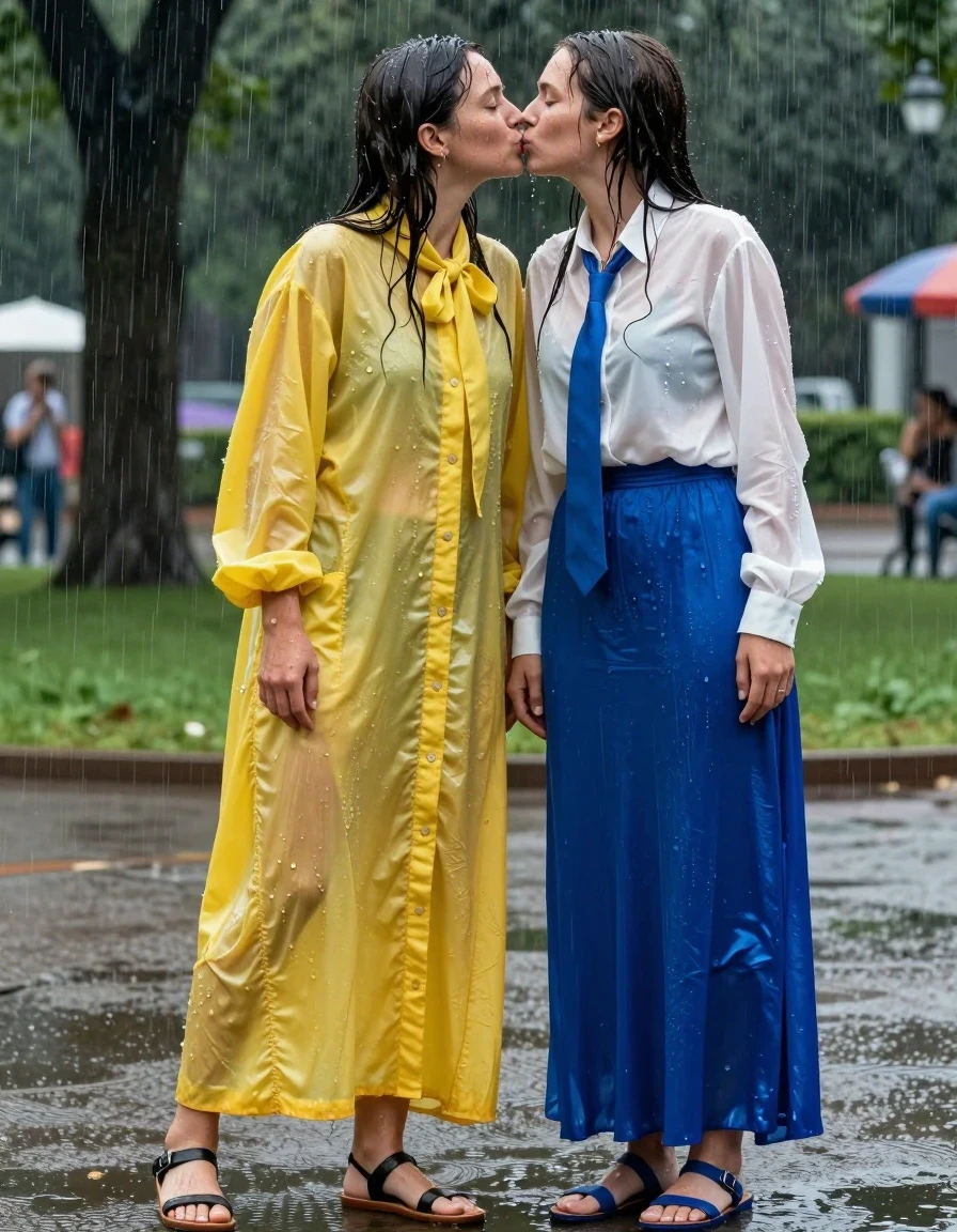 photo of young woman, in soaking wet, drenched clothes,
sandals, both: maxi dress, 1st woman: oversized yellow buttoned-down nylon dress with bowtie; 2nd woman: white long-sleeved satin blouse with blue necktie, maxi blue silk skirt, park during rainfall, 
enjoying, wet clothes stuck to body,
detailed textures of the wet clothes, wet face, wet plastered hair,
wet, drenched, professional, high-quality details, full body view.
sharp focus, ultra-high pixel detail, realistic, high-quality, full colors, incredibly detailed, 4k, 8k, 16k, hyper-realistic, RAW photo, masterpiece, ultra-detailed, professionally color graded, professional photograph, nerdy teachers in their 30s getting drenched in the rain and kissing, wet skin, wet clothes, damp fabric