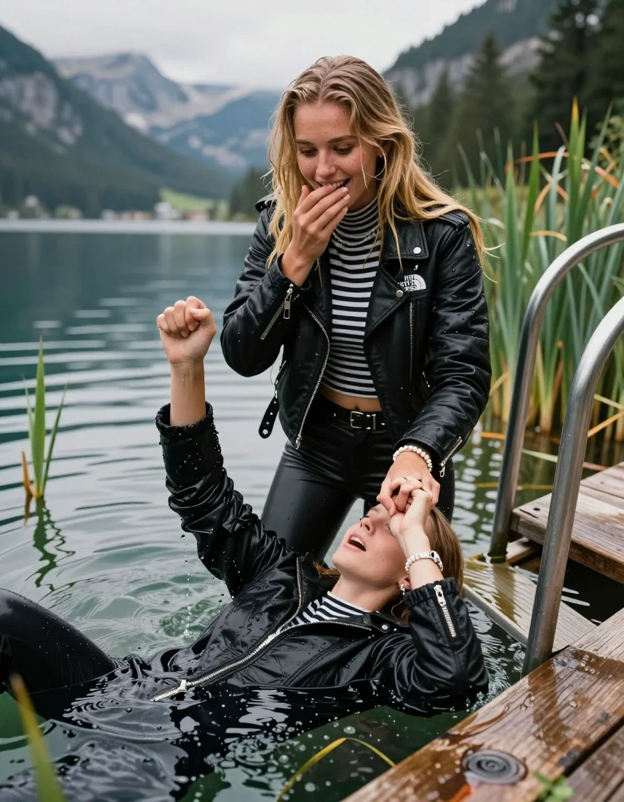 photo of young woman, in soaking wet, drenched clothes,
, Black leatherleggings , Black Puffer down jacket from north face, Tight striped turtleneck sweater belly free, handbag, pearl necklace, bracelet, wristwatch , on a wooden bathing platform with a bathing ladder on a beautiful mountain lake. The woman smiles with a sense of adventure and climbs the ladder into the water. The water reaches up to her chest., 
enjoying, wet clothes stuck to body,
detailed textures of the wet clothes, wet face, wet plastered hair,
wet, drenched, professional, high-quality details, full body view.
sharp focus, ultra-high pixel detail, realistic, high-quality, full colors, incredibly detailed, 4k, 8k, 16k, hyper-realistic, RAW photo, masterpiece, ultra-detailed, professionally color graded, professional photograph, Blond sleek long straight hair

19 years old  teenage girl

Laying her breast on the surface.  Looking slightly away. Hold her hand over mouth.

One Girl inside the water with a black biker leatherjacket and one hand on her mouth, hold with the other the viewer's hand, pulling them she is completely underwater up to her neck, afraid and astonished expression. 

She hides in the reeds.

her submerged clothes are hardly vusible under water, she soaked her handbag into the water. The Girls wear different clothes. 

close up view, wet skin, wet clothes, wet hair, damp fabric, water runs down the clothes, wet skin, wet clothes, damp fabric, wet skin, wet clothes, damp fabric, wet skin, wet clothes, damp fabric, wet skin, wet clothes, damp fabric, wet skin, wet clothes, damp fabric, wet skin, wet clothes, damp fabric, wet skin, wet clothes, damp fabric, wet skin, wet clothes, damp fabric, wet skin, wet clothes, damp fabric, wet skin, wet clothes, damp fabric, wet skin, wet clothes, damp fabric, wet skin, wet clothes, damp fabric, wet skin, wet clothes, damp fabric, wet skin, wet clothes, damp fabric, wet skin, wet clothes, damp fabric, wet skin, wet clothes, damp fabric, wet skin, wet clothes, damp fabric, wet skin, wet clothes, damp fabric, wet skin, wet clothes, damp fabric