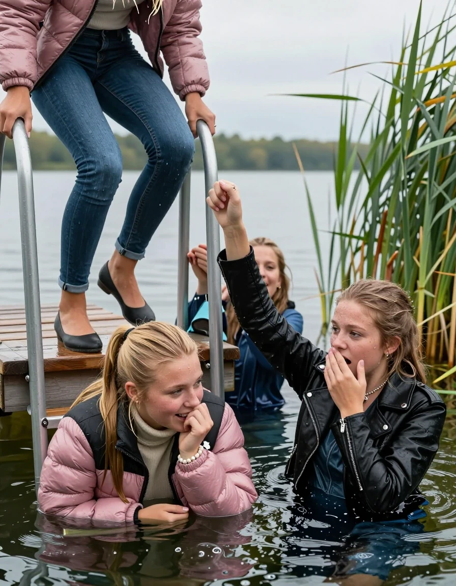 photo of young woman, in soaking wet, drenched clothes,
Heels, Completely soaked tight skinny jeans, Pink Puffer down jacket from north face, Tight turtleneck sweater belly free, handbag, pearl necklace, bracelet, wristwatch , Three Girls on a wooden bathing platform with a bathing ladder on a beautiful lake. The girls smiles with a sense of adventure and climbs the ladder into the water. The water reaches up to her chin., 
enjoying, wet clothes stuck to body,
detailed textures of the wet clothes, wet face, wet plastered hair,
wet, drenched, professional, high-quality details, full body view.
sharp focus, ultra-high pixel detail, realistic, high-quality, full colors, incredibly detailed, 4k, 8k, 16k, hyper-realistic, RAW photo, masterpiece, ultra-detailed, professionally color graded, professional photograph, Blond sleek long straight hair, sleek ponytail 

19 years old  teenage girl

Laying her breast on the surface.  Looking slightly away. Hold her hand over mouth.

One Girl inside the water with a black biker leatherjacket and one hand on her mouth, hold with the other the viewer's hand, pulling them she is completely underwater up to her neck, afraid and astonished expression. 

She hides in the reeds.

her submerged clothes are hardly vusible under water, she soaked her handbag into the water. The Girls wear different clothes. 

close up view, wet skin, wet clothes, wet hair, damp fabric, water runs down the clothes, wet skin, wet clothes, damp fabric, wet skin, wet clothes, damp fabric, wet skin, wet clothes, damp fabric, wet skin, wet clothes, damp fabric, wet skin, wet clothes, damp fabric, wet skin, wet clothes, damp fabric, wet skin, wet clothes, damp fabric, wet skin, wet clothes, damp fabric, wet skin, wet clothes, damp fabric, wet skin, wet clothes, damp fabric, wet skin, wet clothes, damp fabric, wet skin, wet clothes, damp fabric, wet skin, wet clothes, damp fabric, wet skin, wet clothes, damp fabric, wet skin, wet clothes, damp fabric, wet skin, wet clothes, damp fabric, wet skin, wet clothes, damp fabric, wet skin, wet clothes, damp fabric, wet skin, wet clothes, damp fabric