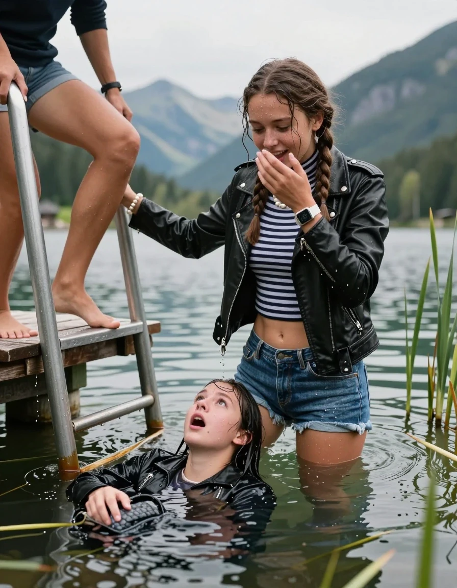 photo of young woman, in soaking wet, drenched clothes,
, mini Jeans Short, Black biker leatherjacket, Tight striped turtleneck sweater belly free, handbag, pearl necklace, bracelet, wristwatch , on a wooden bathing platform with a bathing ladder on a beautiful mountain lake. The woman smiles with a sense of adventure and climbs the ladder out of the water. The water reaches up to her chest., 
enjoying, wet clothes stuck to body,
detailed textures of the wet clothes, wet face, wet plastered hair,
wet, drenched, professional, high-quality details, full body view.
sharp focus, ultra-high pixel detail, realistic, high-quality, full colors, incredibly detailed, 4k, 8k, 16k, hyper-realistic, RAW photo, masterpiece, ultra-detailed, professionally color graded, professional photograph, Two long braids

19 years old  teenage girl

Laying her breast on the surface.  Looking slightly away. Hold her hand over mouth.

she is completely underwater up to her neck, afraid and astonished expression. 

She hides in the reeds and is surprised by spectators

her submerged clothes are hardly vusible under water, she soaked her handbag into the water

close up view, wet skin, wet clothes, wet hair, damp fabric, water runs down the clothes, wet skin, wet clothes, damp fabric, wet skin, wet clothes, damp fabric, wet skin, wet clothes, damp fabric, wet skin, wet clothes, damp fabric, wet skin, wet clothes, damp fabric, wet skin, wet clothes, damp fabric, wet skin, wet clothes, damp fabric, wet skin, wet clothes, damp fabric, wet skin, wet clothes, damp fabric, wet skin, wet clothes, damp fabric, wet skin, wet clothes, damp fabric, wet skin, wet clothes, damp fabric, wet skin, wet clothes, damp fabric, wet skin, wet clothes, damp fabric, wet skin, wet clothes, damp fabric, wet skin, wet clothes, damp fabric, wet skin, wet clothes, damp fabric