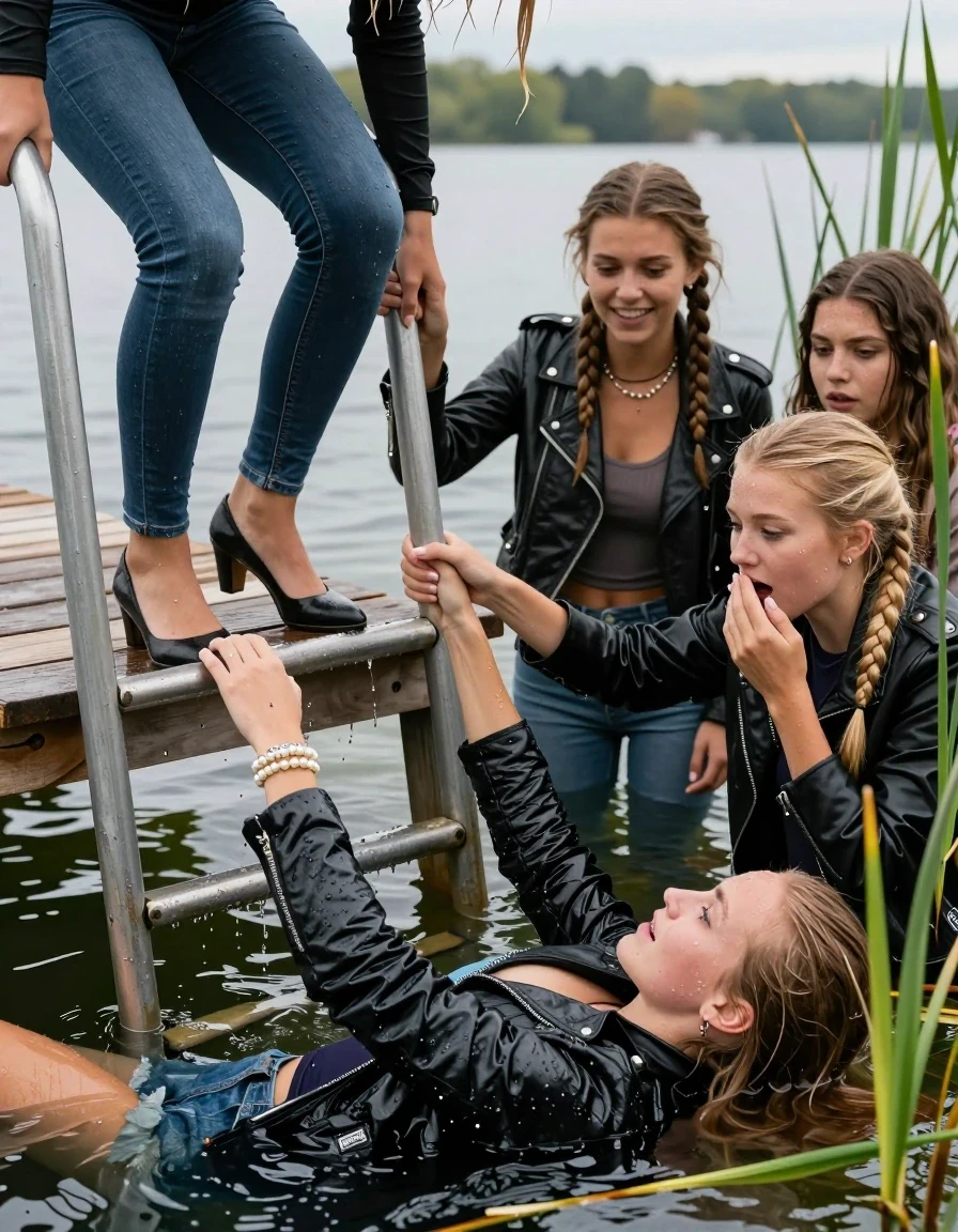 photo of young woman, in soaking wet, drenched clothes,
Heels, Completely soaked tight skinny jeans , Moncler shiny puffer down jacket, Tight turtleneck sweater belly free, handbag, pearl necklace, bracelet, wristwatch , Group of Girls on a wooden bathing platform with a bathing ladder on a beautiful lake. The girls smiles with a sense of adventure and climbs the ladder already half submerged into the water. The water reaches up to her chest., 
enjoying, wet clothes stuck to body,
detailed textures of the wet clothes, wet face, wet plastered hair,
wet, drenched, professional, high-quality details, full body view.
sharp focus, ultra-high pixel detail, realistic, high-quality, full colors, incredibly detailed, 4k, 8k, 16k, hyper-realistic, RAW photo, masterpiece, ultra-detailed, professionally color graded, professional photograph, Blonde sleek long straight hair, sleek ponytail, two long braids

19 years old  teenage girl

Laying her breast on the surface.  Looking slightly away.

One Girl inside the water with a biker leatherjacket and one hand on her mouth, hold with the other the viewer's hand, pulling them she is completely underwater up to her neck, afraid and astonished expression. 

She hides in the reeds.

her submerged clothes are hardly vusible under water, she soaked her handbag into the water. The Girls wear different clothes. 

close up view, wet skin, wet clothes, wet hair, damp fabric, water runs down the clothes, wet skin, wet clothes, damp fabric, wet skin, wet clothes, damp fabric, wet skin, wet clothes, damp fabric, wet skin, wet clothes, damp fabric, wet skin, wet clothes, damp fabric, wet skin, wet clothes, damp fabric, wet skin, wet clothes, damp fabric, wet skin, wet clothes, damp fabric, wet skin, wet clothes, damp fabric, wet skin, wet clothes, damp fabric, wet skin, wet clothes, damp fabric, wet skin, wet clothes, damp fabric, wet skin, wet clothes, damp fabric, wet skin, wet clothes, damp fabric, wet skin, wet clothes, damp fabric, wet skin, wet clothes, damp fabric, wet skin, wet clothes, damp fabric, wet skin, wet clothes, damp fabric, wet skin, wet clothes, damp fabric, wet skin, wet clothes, damp fabric