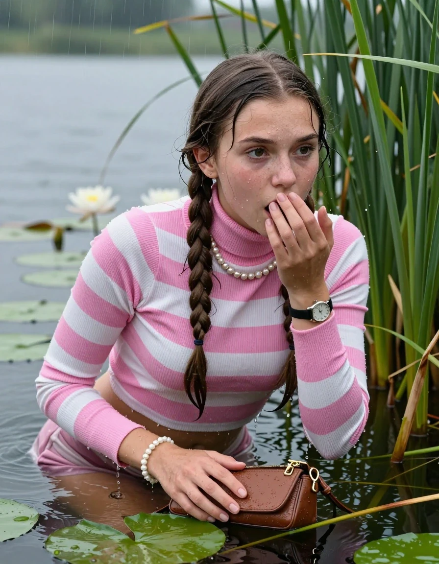 photo of young woman, in soaking wet, drenched clothes,
, , Tight pink and white striped turtleneck sweater belly free, handbag, pearl necklace, bracelet, wristwatch , Emerging after diving in a lake with water lilies and reeds, rain , 
enjoying, wet clothes stuck to body,
detailed textures of the wet clothes, wet face, wet plastered hair,
wet, drenched, professional, high-quality details, full body view.
sharp focus, ultra-high pixel detail, realistic, high-quality, full colors, incredibly detailed, 4k, 8k, 16k, hyper-realistic, RAW photo, masterpiece, ultra-detailed, professionally color graded, professional photograph, Two long braids

15 years old  teenage girl

Laying her breast on the surface.  Looking slightly away. Hold her hand on mouth.

she is completely underwater up to her neck, afraid and astonished expression. 

She hides in the reeds and is surprised by spectators

her submerged clothes are hardly vusible under water, she soaked her handbag into the water

close up view, wet skin, wet clothes, wet hair, damp fabric, water runs down the clothes, wet skin, wet clothes, damp fabric, wet skin, wet clothes, damp fabric, wet skin, wet clothes, damp fabric, wet skin, wet clothes, damp fabric, wet skin, wet clothes, damp fabric, wet skin, wet clothes, damp fabric, wet skin, wet clothes, damp fabric, wet skin, wet clothes, damp fabric, wet skin, wet clothes, damp fabric, wet skin, wet clothes, damp fabric, wet skin, wet clothes, damp fabric, wet skin, wet clothes, damp fabric, wet skin, wet clothes, damp fabric, wet skin, wet clothes, damp fabric, wet skin, wet clothes, damp fabric, wet skin, wet clothes, damp fabric, wet skin, wet clothes, damp fabric