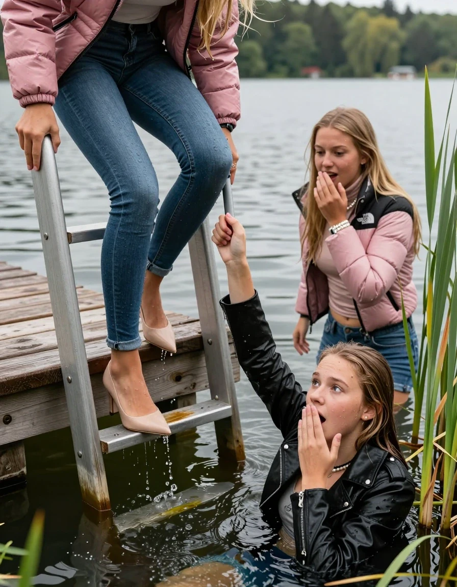 photo of young woman, in soaking wet, drenched clothes,
Heels, Completely soaked tight skinny jeans, Pink Puffer down jacket from north face, Tight turtleneck sweater belly free, handbag, pearl necklace, bracelet, wristwatch , Two Girls on a wooden bathing platform with a bathing ladder on a beautiful lake. The girls smiles with a sense of adventure and climbs the ladder into the water. Her legs are completly inside the water., 
enjoying, wet clothes stuck to body,
detailed textures of the wet clothes, wet face, wet plastered hair,
wet, drenched, professional, high-quality details, full body view.
sharp focus, ultra-high pixel detail, realistic, high-quality, full colors, incredibly detailed, 4k, 8k, 16k, hyper-realistic, RAW photo, masterpiece, ultra-detailed, professionally color graded, professional photograph, Blond sleek long straight hair

19 years old  teenage girl

Laying her breast on the surface.  Looking slightly away. Hold her hand over mouth.

One Girl inside the water with a black biker leatherjacket and one hand on her mouth, hold with the other the viewer's hand, pulling them she is completely underwater up to her neck, afraid and astonished expression. 

She hides in the reeds.

her submerged clothes are hardly vusible under water, she soaked her handbag into the water. The Girls wear different clothes. 

close up view, wet skin, wet clothes, wet hair, damp fabric, water runs down the clothes, wet skin, wet clothes, damp fabric, wet skin, wet clothes, damp fabric, wet skin, wet clothes, damp fabric, wet skin, wet clothes, damp fabric, wet skin, wet clothes, damp fabric, wet skin, wet clothes, damp fabric, wet skin, wet clothes, damp fabric, wet skin, wet clothes, damp fabric, wet skin, wet clothes, damp fabric, wet skin, wet clothes, damp fabric, wet skin, wet clothes, damp fabric, wet skin, wet clothes, damp fabric, wet skin, wet clothes, damp fabric, wet skin, wet clothes, damp fabric, wet skin, wet clothes, damp fabric, wet skin, wet clothes, damp fabric, wet skin, wet clothes, damp fabric, wet skin, wet clothes, damp fabric