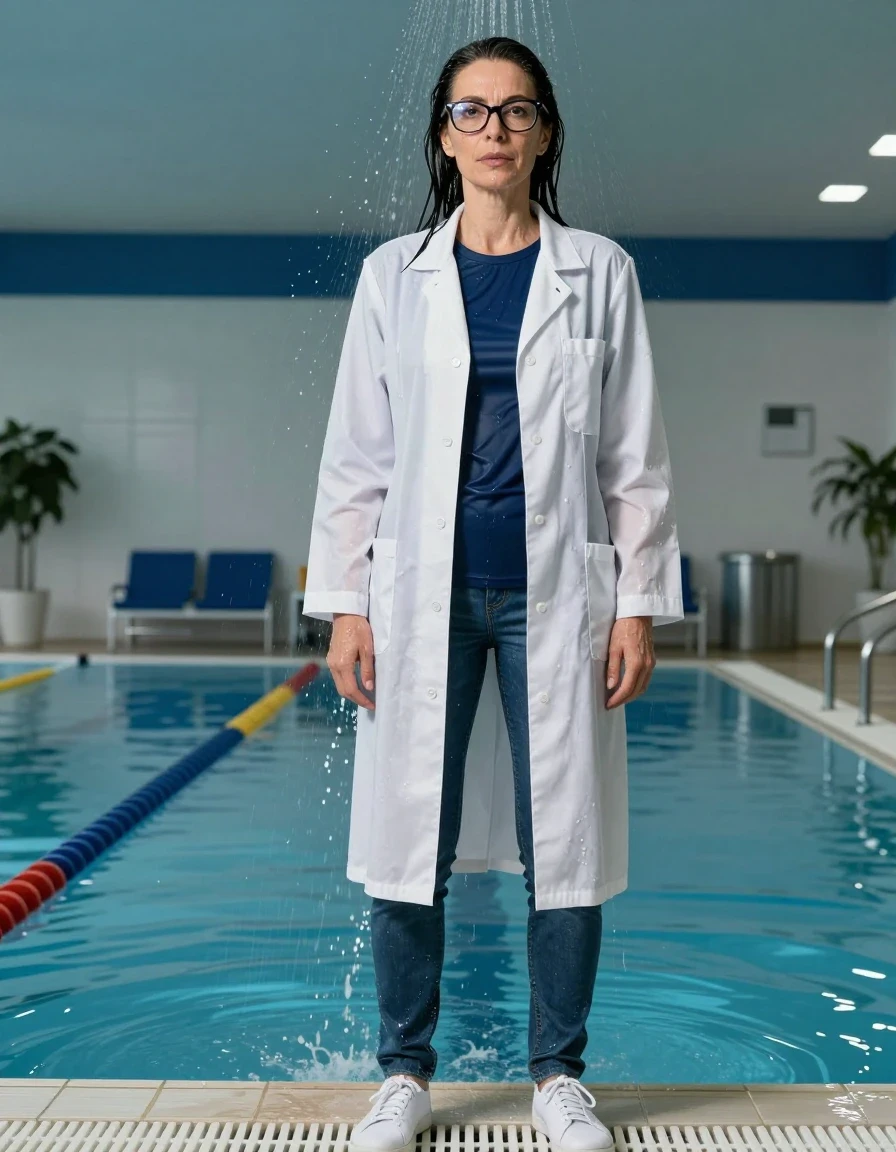 photo of young woman, in soaking wet, drenched clothes,
shoes, blue jeans, dark blue t-shirt over clinging, maxi white labcoat, shower indoor swimming pool, enjoying wet clothes stuck body, enjoying, wet clothes stuck to body, 
enjoying, wet clothes stuck to body,
detailed textures of the wet clothes, wet face, wet plastered hair,
wet, drenched, professional, high-quality details, full body view.
sharp focus, ultra-high pixel detail, realistic, high-quality, full colors, incredibly detailed, 4k, 8k, 16k, hyper-realistic, RAW photo, masterpiece, ultra-detailed, professionally color graded, professional photograph, europen brunette skinny woman 50 years old, long dark black hair, office glasses, very big and thick lips, complete body, wet skin, wet clothes, damp fabric, wet skin, wet clothes, damp fabric, wet skin, wet clothes, damp fabric, wet skin, wet clothes, damp fabric, wet skin, wet clothes, damp fabric, wet skin, wet clothes, damp fabric