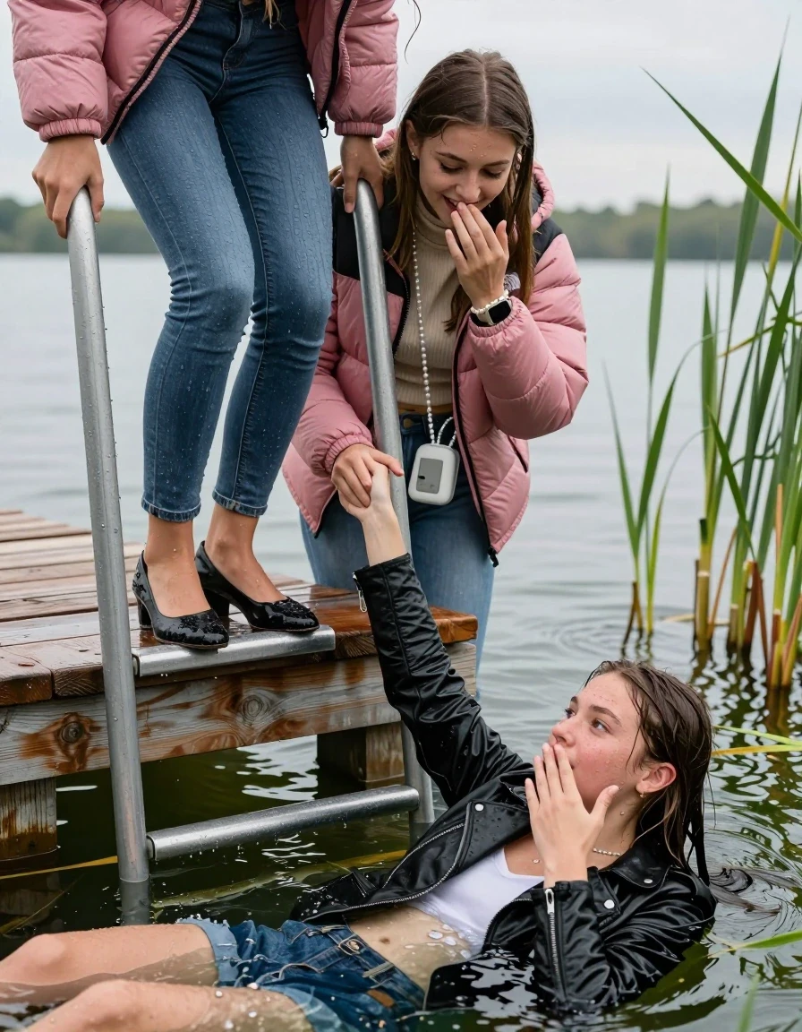 photo of young woman, in soaking wet, drenched clothes,
Heels, Completely soaked tight skinny jeans, Pink Puffer down jacket from north face, Tight turtleneck sweater belly free, handbag, pearl necklace, bracelet, wristwatch , Two Girls on a wooden bathing platform with a bathing ladder on a beautiful lake. The girls smiles with a sense of adventure and climbs the ladder into the water. The water reaches up to her chest., 
enjoying, wet clothes stuck to body,
detailed textures of the wet clothes, wet face, wet plastered hair,
wet, drenched, professional, high-quality details, full body view.
sharp focus, ultra-high pixel detail, realistic, high-quality, full colors, incredibly detailed, 4k, 8k, 16k, hyper-realistic, RAW photo, masterpiece, ultra-detailed, professionally color graded, professional photograph, sleek long straight hair

19 years old  teenage girl

Laying her breast on the surface.  Looking slightly away. Hold her hand over mouth.

One Girl inside the water with a black biker leatherjacket and one hand on her mouth, hold with the other the viewer's hand, pulling them she is completely underwater up to her neck, afraid and astonished expression. 

She hides in the reeds.

her submerged clothes are hardly vusible under water, she soaked her handbag into the water. The Girls wear different clothes. 

close up view, wet skin, wet clothes, wet hair, damp fabric, water runs down the clothes, wet skin, wet clothes, damp fabric, wet skin, wet clothes, damp fabric, wet skin, wet clothes, damp fabric, wet skin, wet clothes, damp fabric, wet skin, wet clothes, damp fabric, wet skin, wet clothes, damp fabric, wet skin, wet clothes, damp fabric, wet skin, wet clothes, damp fabric, wet skin, wet clothes, damp fabric, wet skin, wet clothes, damp fabric, wet skin, wet clothes, damp fabric, wet skin, wet clothes, damp fabric, wet skin, wet clothes, damp fabric, wet skin, wet clothes, damp fabric, wet skin, wet clothes, damp fabric, wet skin, wet clothes, damp fabric, wet skin, wet clothes, damp fabric, wet skin, wet clothes, damp fabric, wet skin, wet clothes, damp fabric, wet skin, wet clothes, damp fabric