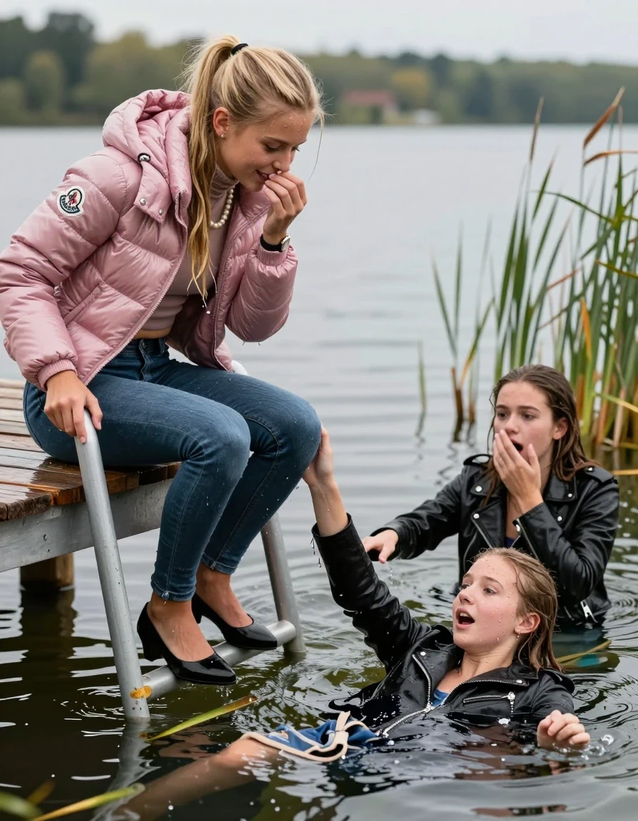 photo of young woman, in soaking wet, drenched clothes,
Heels, Completely soaked tight skinny jeans, Moncler pink shiny Puffer down jacket, Tight turtleneck sweater belly free, handbag, pearl necklace, bracelet, wristwatch , Three Girls on a wooden bathing platform with a bathing ladder on a beautiful lake. The girls smiles with a sense of adventure and climbs half submerged the ladder into the water. The water reaches up to her chest., 
enjoying, wet clothes stuck to body,
detailed textures of the wet clothes, wet face, wet plastered hair,
wet, drenched, professional, high-quality details, full body view.
sharp focus, ultra-high pixel detail, realistic, high-quality, full colors, incredibly detailed, 4k, 8k, 16k, hyper-realistic, RAW photo, masterpiece, ultra-detailed, professionally color graded, professional photograph, Blond sleek long straight hair, sleek ponytail 

15 years old  teenage girl

Laying her breast on the surface.  Looking slightly away. Hold her hand over her mouth and nose.

One Girl inside the water with a black biker leatherjacket and one hand on her mouth, hold with the other the viewer's hand, pulling them she is completely underwater up to her neck, afraid and astonished expression. 

She hides in the reeds.

her submerged clothes are hardly vusible under water, she soaked her handbag into the water. The Girls wear different clothes. 

close up view, wet skin, wet clothes, wet hair, damp fabric, water runs down the clothes, wet skin, wet clothes, damp fabric, wet skin, wet clothes, damp fabric, wet skin, wet clothes, damp fabric, wet skin, wet clothes, damp fabric, wet skin, wet clothes, damp fabric, wet skin, wet clothes, damp fabric, wet skin, wet clothes, damp fabric, wet skin, wet clothes, damp fabric, wet skin, wet clothes, damp fabric, wet skin, wet clothes, damp fabric, wet skin, wet clothes, damp fabric, wet skin, wet clothes, damp fabric, wet skin, wet clothes, damp fabric, wet skin, wet clothes, damp fabric, wet skin, wet clothes, damp fabric, wet skin, wet clothes, damp fabric, wet skin, wet clothes, damp fabric, wet skin, wet clothes, damp fabric, wet skin, wet clothes, damp fabric, wet skin, wet clothes, damp fabric