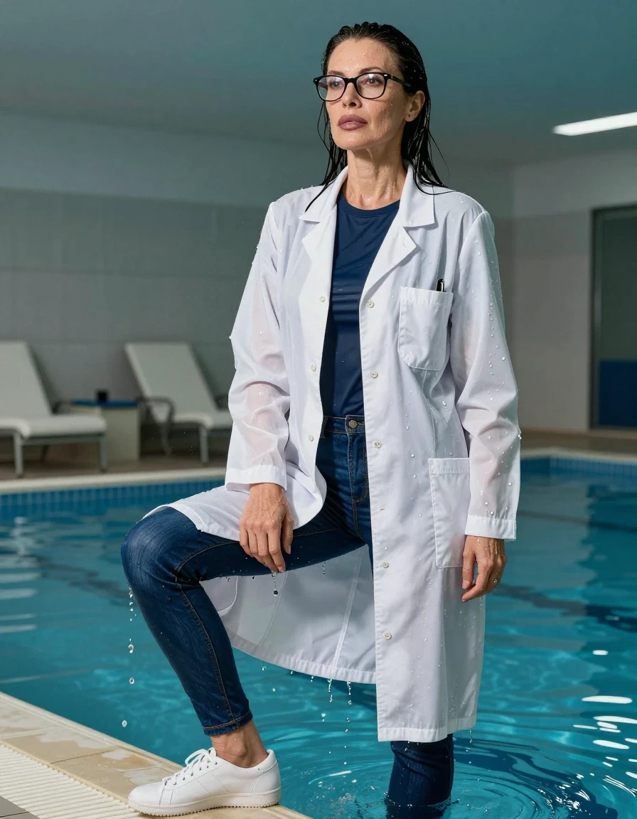 photo of young woman, in soaking wet, drenched clothes,
shoes, blue jeans, dark blue t-shirt over clinging, maxi white labcoat, shower indoor swimming pool, enjoying wet clothes stuck body, enjoying, wet clothes stuck to body, 
enjoying, wet clothes stuck to body,
detailed textures of the wet clothes, wet face, wet plastered hair,
wet, drenched, professional, high-quality details, full body view.
sharp focus, ultra-high pixel detail, realistic, high-quality, full colors, incredibly detailed, 4k, 8k, 16k, hyper-realistic, RAW photo, masterpiece, ultra-detailed, professionally color graded, professional photograph, europen brunette skinny woman 50 years old, long dark black hair, office glasses, very big and thick lips, complete body, wet skin, wet clothes, damp fabric, wet skin, wet clothes, damp fabric, wet skin, wet clothes, damp fabric, wet skin, wet clothes, damp fabric, wet skin, wet clothes, damp fabric, wet skin, wet clothes, damp fabric