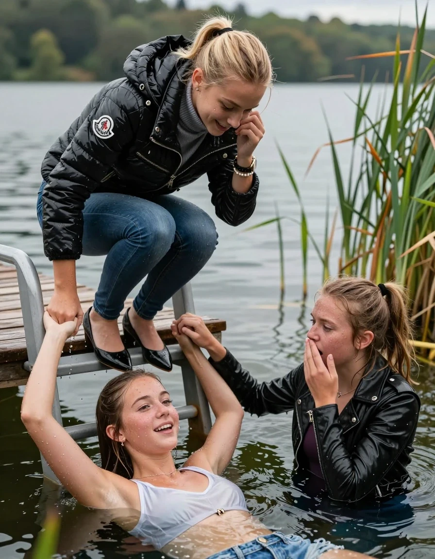 photo of young woman, in soaking wet, drenched clothes,
Heels, Completely soaked tight skinny jeans, Moncler shiny Puffer down jacket, Tight turtleneck sweater belly free, handbag, pearl necklace, bracelet, wristwatch , Three Girls on a wooden bathing platform with a bathing ladder on a beautiful lake. The girls smiles with a sense of adventure and climbs half submerged the ladder into the water. The water reaches up to her chest., 
enjoying, wet clothes stuck to body,
detailed textures of the wet clothes, wet face, wet plastered hair,
wet, drenched, professional, high-quality details, full body view.
sharp focus, ultra-high pixel detail, realistic, high-quality, full colors, incredibly detailed, 4k, 8k, 16k, hyper-realistic, RAW photo, masterpiece, ultra-detailed, professionally color graded, professional photograph, Blond sleek long straight hair, sleek ponytail 

15 years old  teenage girl

Laying her breast on the surface.  Looking slightly away. Hold her hand over her face.

One Girl inside the water with a black biker leatherjacket and one hand on her mouth, hold with the other the viewer's hand, pulling them she is completely underwater up to her neck, afraid and astonished expression. 

She hides in the reeds.

her submerged clothes are hardly vusible under water, she soaked her handbag into the water. The Girls wear different clothes. 

close up view, wet skin, wet clothes, wet hair, damp fabric, water runs down the clothes, wet skin, wet clothes, damp fabric, wet skin, wet clothes, damp fabric, wet skin, wet clothes, damp fabric, wet skin, wet clothes, damp fabric, wet skin, wet clothes, damp fabric, wet skin, wet clothes, damp fabric, wet skin, wet clothes, damp fabric, wet skin, wet clothes, damp fabric, wet skin, wet clothes, damp fabric, wet skin, wet clothes, damp fabric, wet skin, wet clothes, damp fabric, wet skin, wet clothes, damp fabric, wet skin, wet clothes, damp fabric, wet skin, wet clothes, damp fabric, wet skin, wet clothes, damp fabric, wet skin, wet clothes, damp fabric, wet skin, wet clothes, damp fabric, wet skin, wet clothes, damp fabric, wet skin, wet clothes, damp fabric, wet skin, wet clothes, damp fabric