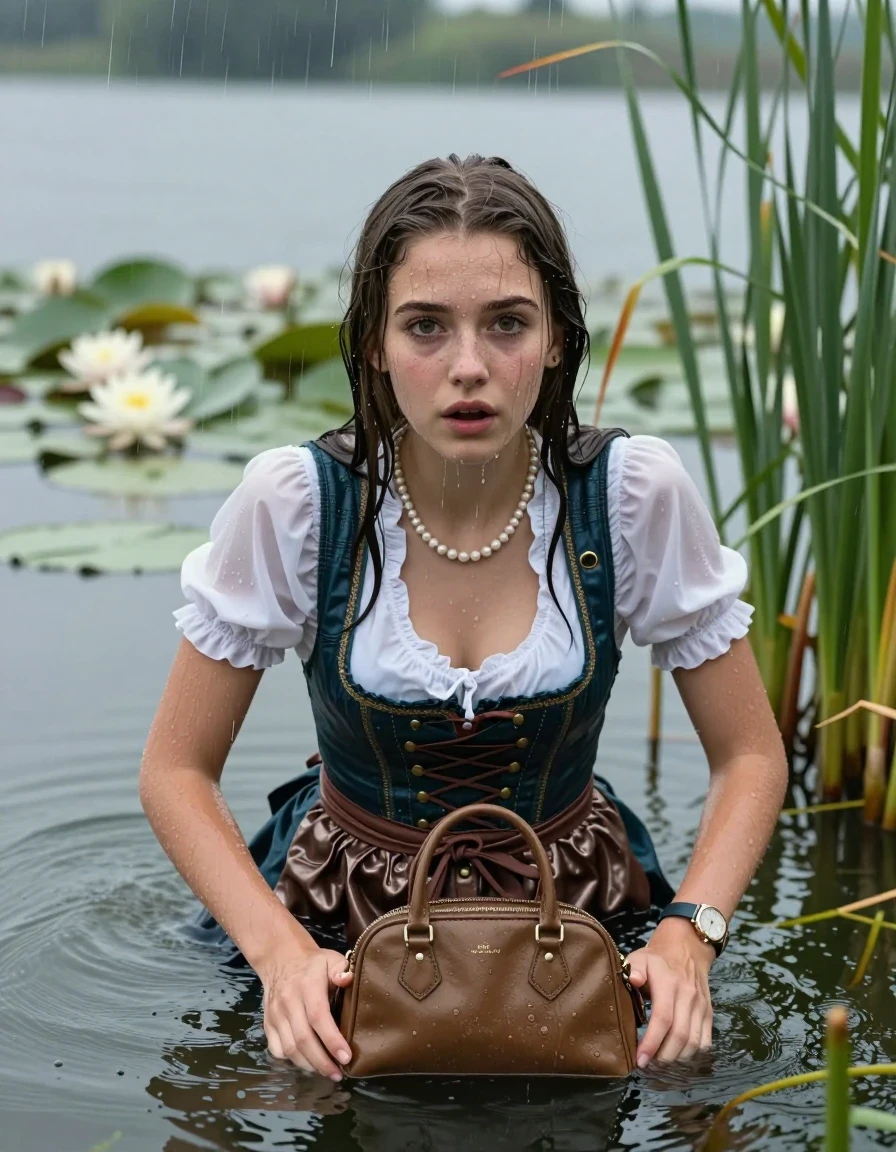 photo of young woman, in soaking wet, drenched clothes,
, , Short Dirndl, handbag, pearl necklace, bracelet, wristwatch , Emerging after diving in a lake with water lilies and reeds, rain , 
enjoying, wet clothes stuck to body,
detailed textures of the wet clothes, wet face, wet plastered hair,
wet, drenched, professional, high-quality details, full body view.
sharp focus, ultra-high pixel detail, realistic, high-quality, full colors, incredibly detailed, 4k, 8k, 16k, hyper-realistic, RAW photo, masterpiece, ultra-detailed, professionally color graded, professional photograph, Sleek long straight hair 

19 years old  teenage girl

Laying her breast on the surface.  Looking at camera.

she is completely underwater up to her neck, stupified shocked expression. 

She hides in the reeds and is surprised by spectators

her submerged clothes are hardly vusible under water, she soaked her handbag into the water

close up view, wet skin, wet clothes, wet hair, damp fabric, water runs down the clothes, wet skin, wet clothes, damp fabric, wet skin, wet clothes, damp fabric, wet skin, wet clothes, damp fabric, wet skin, wet clothes, damp fabric, wet skin, wet clothes, damp fabric, wet skin, wet clothes, damp fabric, wet skin, wet clothes, damp fabric, wet skin, wet clothes, damp fabric, wet skin, wet clothes, damp fabric, wet skin, wet clothes, damp fabric, wet skin, wet clothes, damp fabric, wet skin, wet clothes, damp fabric, wet skin, wet clothes, damp fabric, wet skin, wet clothes, damp fabric, wet skin, wet clothes, damp fabric, wet skin, wet clothes, damp fabric, wet skin, wet clothes, damp fabric
