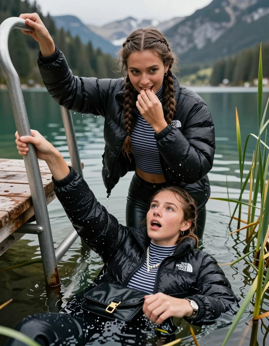 photo of young woman, in soaking wet, drenched clothes,
, Black leatherleggings , Black Puffer down jacket from north face, Tight striped turtleneck sweater belly free, handbag, pearl necklace, bracelet, wristwatch , on a wooden bathing platform with a bathing ladder on a beautiful mountain lake. The woman smiles with a sense of adventure and climbs the ladder into the water. The water reaches up to her chest., 
enjoying, wet clothes stuck to body,
detailed textures of the wet clothes, wet face, wet plastered hair,
wet, drenched, professional, high-quality details, full body view.
sharp focus, ultra-high pixel detail, realistic, high-quality, full colors, incredibly detailed, 4k, 8k, 16k, hyper-realistic, RAW photo, masterpiece, ultra-detailed, professionally color graded, professional photograph, Two long braids

19 years old  teenage girl

Laying her breast on the surface.  Looking slightly away. Hold her hand over mouth.

One Girl inside the water 0ne hand with a finger at her tongue  inside her mouth, hold with the other the viewer's hand, pulling them she is completely underwater up to her neck, afraid and astonished expression. 

She hides in the reeds.

her submerged clothes are hardly vusible under water, she soaked her handbag into the water

close up view, wet skin, wet clothes, wet hair, damp fabric, water runs down the clothes, wet skin, wet clothes, damp fabric, wet skin, wet clothes, damp fabric, wet skin, wet clothes, damp fabric, wet skin, wet clothes, damp fabric, wet skin, wet clothes, damp fabric, wet skin, wet clothes, damp fabric, wet skin, wet clothes, damp fabric, wet skin, wet clothes, damp fabric, wet skin, wet clothes, damp fabric, wet skin, wet clothes, damp fabric, wet skin, wet clothes, damp fabric, wet skin, wet clothes, damp fabric, wet skin, wet clothes, damp fabric, wet skin, wet clothes, damp fabric, wet skin, wet clothes, damp fabric, wet skin, wet clothes, damp fabric, wet skin, wet clothes, damp fabric, wet skin, wet clothes, damp fabric
