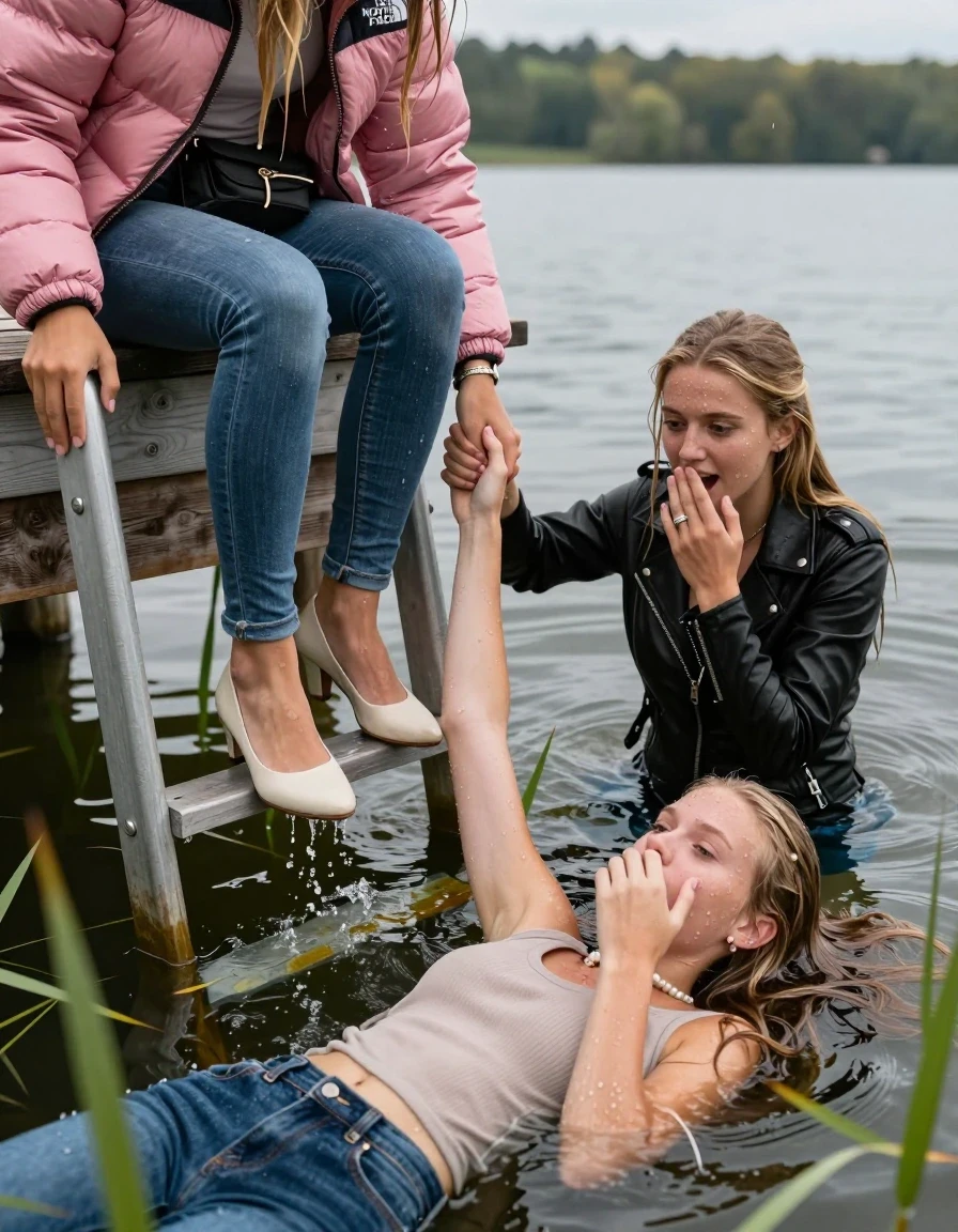 photo of young woman, in soaking wet, drenched clothes,
Heels, Completely soaked tight skinny jeans, Pink Puffer down jacket from north face, Tight turtleneck sweater belly free, handbag, pearl necklace, bracelet, wristwatch , Two Girls on a wooden bathing platform with a bathing ladder on a beautiful lake. The girls smiles with a sense of adventure and climbs the ladder into the water. The water reaches up to her chest., 
enjoying, wet clothes stuck to body,
detailed textures of the wet clothes, wet face, wet plastered hair,
wet, drenched, professional, high-quality details, full body view.
sharp focus, ultra-high pixel detail, realistic, high-quality, full colors, incredibly detailed, 4k, 8k, 16k, hyper-realistic, RAW photo, masterpiece, ultra-detailed, professionally color graded, professional photograph, Blond sleek long straight hair

19 years old  teenage girl

Laying her breast on the surface.  Looking slightly away. Hold her hand over mouth.

One Girl inside the water with a black biker leatherjacket and one hand on her mouth, hold with the other the viewer's hand, pulling them she is completely underwater up to her neck, afraid and astonished expression. 

She hides in the reeds.

her submerged clothes are hardly vusible under water, she soaked her handbag into the water. The Girls wear different clothes. 

close up view, wet skin, wet clothes, wet hair, damp fabric, water runs down the clothes, wet skin, wet clothes, damp fabric, wet skin, wet clothes, damp fabric, wet skin, wet clothes, damp fabric, wet skin, wet clothes, damp fabric, wet skin, wet clothes, damp fabric, wet skin, wet clothes, damp fabric, wet skin, wet clothes, damp fabric, wet skin, wet clothes, damp fabric, wet skin, wet clothes, damp fabric, wet skin, wet clothes, damp fabric, wet skin, wet clothes, damp fabric, wet skin, wet clothes, damp fabric, wet skin, wet clothes, damp fabric, wet skin, wet clothes, damp fabric, wet skin, wet clothes, damp fabric, wet skin, wet clothes, damp fabric, wet skin, wet clothes, damp fabric, wet skin, wet clothes, damp fabric, wet skin, wet clothes, damp fabric