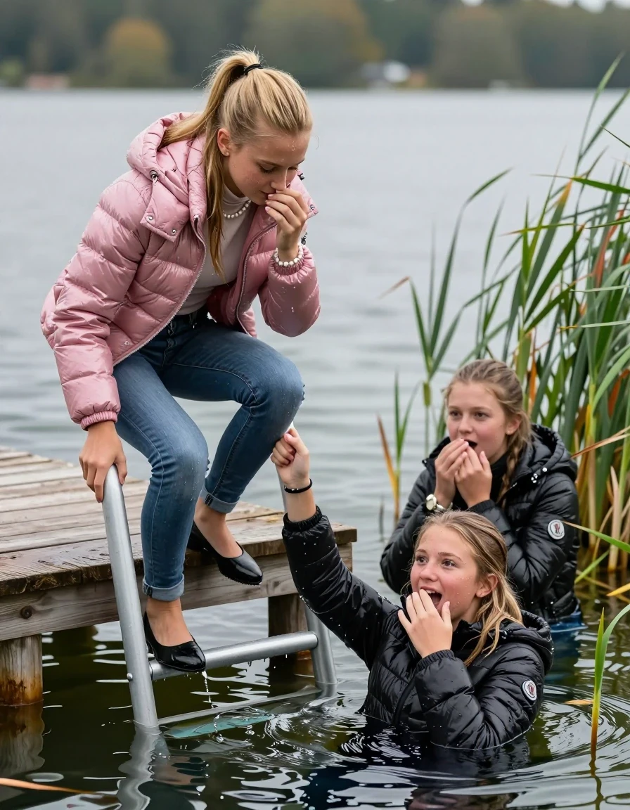 photo of young woman, in soaking wet, drenched clothes,
Heels, Completely soaked tight skinny jeans, Moncler pink shiny Puffer down jacket, Tight turtleneck sweater belly free, handbag, pearl necklace, bracelet, wristwatch , Two Girls on a wooden bathing platform with a bathing ladder on a beautiful lake. The girls smiles with a sense of adventure and climbs half submerged the ladder into the water. The water reaches up to her chest., 
enjoying, wet clothes stuck to body,
detailed textures of the wet clothes, wet face, wet plastered hair,
wet, drenched, professional, high-quality details, full body view.
sharp focus, ultra-high pixel detail, realistic, high-quality, full colors, incredibly detailed, 4k, 8k, 16k, hyper-realistic, RAW photo, masterpiece, ultra-detailed, professionally color graded, professional photograph, Blond sleek long straight hair, sleek ponytail 

15 years old  teenage girl

Laying her breast on the surface.  Looking slightly away. Hold her hand over her mouth and nose.

One Girl inside the water with a black moncler puffer shiny down jacket and one hand on her mouth, hold with the other the viewer's hand, pulling them she is completely underwater up to her neck, afraid and astonished expression. 

She hides in the reeds.

her submerged clothes are hardly vusible under water, she soaked her handbag into the water. The Girls wear different clothes. 

close up view, wet skin, wet clothes, wet hair, damp fabric, water runs down the clothes, wet skin, wet clothes, damp fabric, wet skin, wet clothes, damp fabric, wet skin, wet clothes, damp fabric, wet skin, wet clothes, damp fabric, wet skin, wet clothes, damp fabric, wet skin, wet clothes, damp fabric, wet skin, wet clothes, damp fabric, wet skin, wet clothes, damp fabric, wet skin, wet clothes, damp fabric, wet skin, wet clothes, damp fabric, wet skin, wet clothes, damp fabric, wet skin, wet clothes, damp fabric, wet skin, wet clothes, damp fabric, wet skin, wet clothes, damp fabric, wet skin, wet clothes, damp fabric, wet skin, wet clothes, damp fabric, wet skin, wet clothes, damp fabric, wet skin, wet clothes, damp fabric, wet skin, wet clothes, damp fabric, wet skin, wet clothes, damp fabric