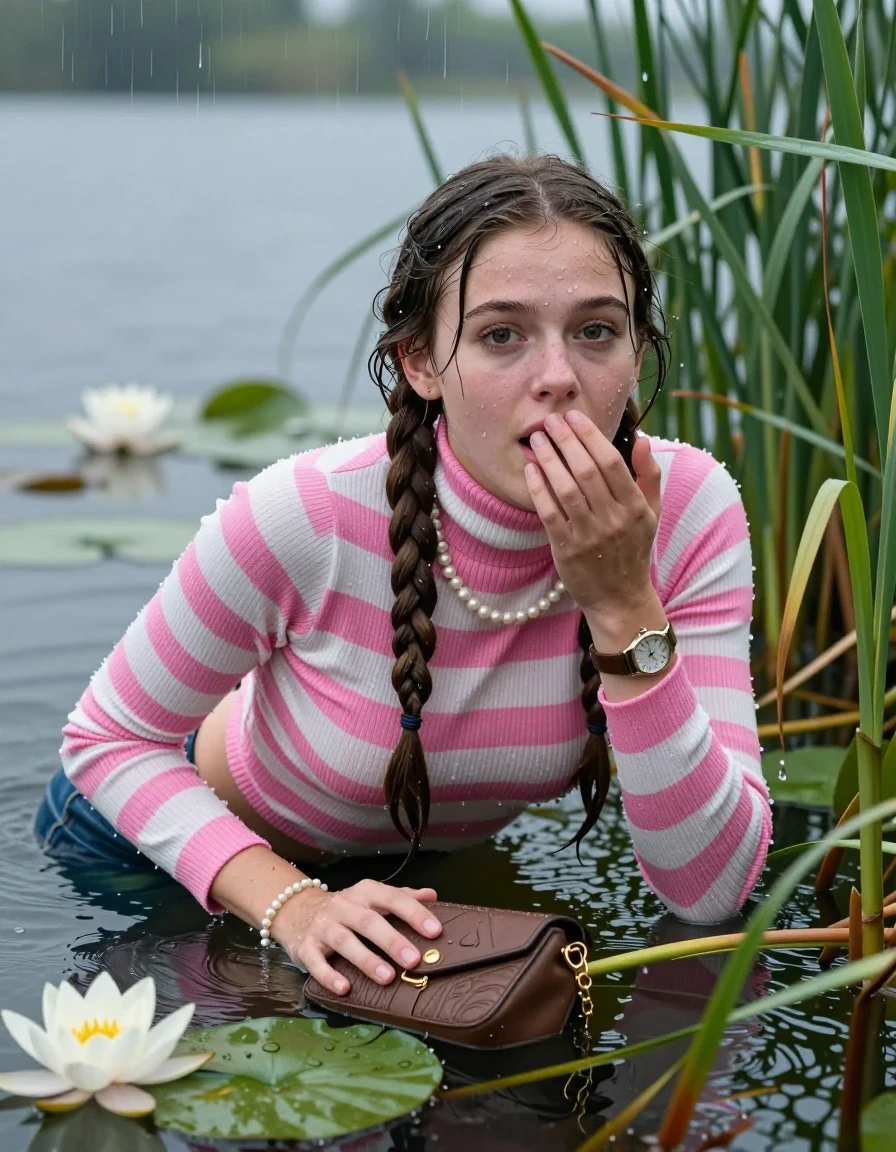 photo of young woman, in soaking wet, drenched clothes,
, , Tight pink and white striped turtleneck sweater belly free, handbag, pearl necklace, bracelet, wristwatch , Emerging after diving in a lake with water lilies and reeds, rain , 
enjoying, wet clothes stuck to body,
detailed textures of the wet clothes, wet face, wet plastered hair,
wet, drenched, professional, high-quality details, full body view.
sharp focus, ultra-high pixel detail, realistic, high-quality, full colors, incredibly detailed, 4k, 8k, 16k, hyper-realistic, RAW photo, masterpiece, ultra-detailed, professionally color graded, professional photograph, Two long braids

19 years old  teenage girl

Laying her breast on the surface.  Looking at camera. Hold her hand on mouth.

she is completely underwater up to her neck, afraid and astonished expression. 

She hides in the reeds and is surprised by spectators

her submerged clothes are hardly vusible under water, she soaked her handbag into the water

close up view, wet skin, wet clothes, wet hair, damp fabric, water runs down the clothes, wet skin, wet clothes, damp fabric, wet skin, wet clothes, damp fabric, wet skin, wet clothes, damp fabric, wet skin, wet clothes, damp fabric, wet skin, wet clothes, damp fabric, wet skin, wet clothes, damp fabric, wet skin, wet clothes, damp fabric, wet skin, wet clothes, damp fabric, wet skin, wet clothes, damp fabric, wet skin, wet clothes, damp fabric, wet skin, wet clothes, damp fabric, wet skin, wet clothes, damp fabric, wet skin, wet clothes, damp fabric, wet skin, wet clothes, damp fabric, wet skin, wet clothes, damp fabric, wet skin, wet clothes, damp fabric, wet skin, wet clothes, damp fabric