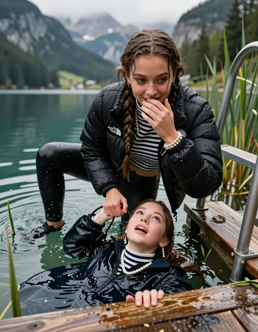 photo of young woman, in soaking wet, drenched clothes,
, Black leatherleggings , Black Puffer down jacket from north face, Tight striped turtleneck sweater belly free, handbag, pearl necklace, bracelet, wristwatch , on a wooden bathing platform with a bathing ladder on a beautiful mountain lake. The woman smiles with a sense of adventure and climbs the ladder into the water. The water reaches up to her chest., 
enjoying, wet clothes stuck to body,
detailed textures of the wet clothes, wet face, wet plastered hair,
wet, drenched, professional, high-quality details, full body view.
sharp focus, ultra-high pixel detail, realistic, high-quality, full colors, incredibly detailed, 4k, 8k, 16k, hyper-realistic, RAW photo, masterpiece, ultra-detailed, professionally color graded, professional photograph, Two long braids

19 years old  teenage girl

Laying her breast on the surface.  Looking slightly away. Hold her hand over mouth.

One Girl inside the water 0ne hand on her mouth, hold with the other the viewer's hand, pulling them she is completely underwater up to her neck, afraid and astonished expression. 

She hides in the reeds.

her submerged clothes are hardly vusible under water, she soaked her handbag into the water. The Girls wear different clothes. 

close up view, wet skin, wet clothes, wet hair, damp fabric, water runs down the clothes, wet skin, wet clothes, damp fabric, wet skin, wet clothes, damp fabric, wet skin, wet clothes, damp fabric, wet skin, wet clothes, damp fabric, wet skin, wet clothes, damp fabric, wet skin, wet clothes, damp fabric, wet skin, wet clothes, damp fabric, wet skin, wet clothes, damp fabric, wet skin, wet clothes, damp fabric, wet skin, wet clothes, damp fabric, wet skin, wet clothes, damp fabric, wet skin, wet clothes, damp fabric, wet skin, wet clothes, damp fabric, wet skin, wet clothes, damp fabric, wet skin, wet clothes, damp fabric, wet skin, wet clothes, damp fabric, wet skin, wet clothes, damp fabric, wet skin, wet clothes, damp fabric