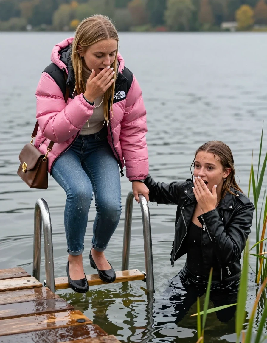 photo of young woman, in soaking wet, drenched clothes,
Heels, Completely soaked tight skinny jeans, Pink Puffer down jacket from north face, Tight turtleneck sweater belly free, handbag, pearl necklace, bracelet, wristwatch , Two Girls on a wooden bathing platform with a bathing ladder on a beautiful lake. The girls smiles with a sense of adventure and climbs the ladder into the water. The water reaches up to her chest., 
enjoying, wet clothes stuck to body,
detailed textures of the wet clothes, wet face, wet plastered hair,
wet, drenched, professional, high-quality details, full body view.
sharp focus, ultra-high pixel detail, realistic, high-quality, full colors, incredibly detailed, 4k, 8k, 16k, hyper-realistic, RAW photo, masterpiece, ultra-detailed, professionally color graded, professional photograph, Blond sleek long straight hair

19 years old  teenage girl

Laying her breast on the surface.  Looking slightly away. Hold her hand over mouth.

One Girl inside the water with a black biker leatherjacket and one hand on her mouth, hold with the other the viewer's hand, pulling them she is completely underwater up to her neck, afraid and astonished expression. 

She hides in the reeds.

her submerged clothes are hardly vusible under water, she soaked her handbag into the water. The Girls wear different clothes. 

close up view, wet skin, wet clothes, wet hair, damp fabric, water runs down the clothes, wet skin, wet clothes, damp fabric, wet skin, wet clothes, damp fabric, wet skin, wet clothes, damp fabric, wet skin, wet clothes, damp fabric, wet skin, wet clothes, damp fabric, wet skin, wet clothes, damp fabric, wet skin, wet clothes, damp fabric, wet skin, wet clothes, damp fabric, wet skin, wet clothes, damp fabric, wet skin, wet clothes, damp fabric, wet skin, wet clothes, damp fabric, wet skin, wet clothes, damp fabric, wet skin, wet clothes, damp fabric, wet skin, wet clothes, damp fabric, wet skin, wet clothes, damp fabric, wet skin, wet clothes, damp fabric, wet skin, wet clothes, damp fabric, wet skin, wet clothes, damp fabric