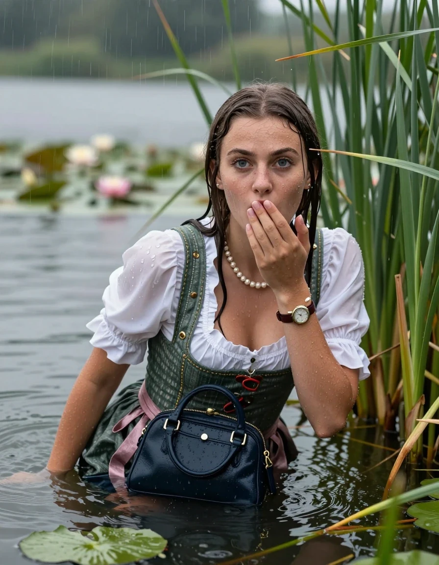 photo of young woman, in soaking wet, drenched clothes,
, , Short Dirndl, handbag, pearl necklace, bracelet, wristwatch , Emerging after diving in a lake with water lilies and reeds, rain , 
enjoying, wet clothes stuck to body,
detailed textures of the wet clothes, wet face, wet plastered hair,
wet, drenched, professional, high-quality details, full body view.
sharp focus, ultra-high pixel detail, realistic, high-quality, full colors, incredibly detailed, 4k, 8k, 16k, hyper-realistic, RAW photo, masterpiece, ultra-detailed, professionally color graded, professional photograph, Sleek long straight hair 

19 years old  teenage girl

Laying her breast on the surface.  Looking at camera. Hold her hand on mouth.

she is completely underwater up to her neck, stupified shocked expression. 

She hides in the reeds and is surprised by spectators

her submerged clothes are hardly vusible under water, she soaked her handbag into the water

close up view, wet skin, wet clothes, wet hair, damp fabric, water runs down the clothes, wet skin, wet clothes, damp fabric, wet skin, wet clothes, damp fabric, wet skin, wet clothes, damp fabric, wet skin, wet clothes, damp fabric, wet skin, wet clothes, damp fabric, wet skin, wet clothes, damp fabric, wet skin, wet clothes, damp fabric, wet skin, wet clothes, damp fabric, wet skin, wet clothes, damp fabric, wet skin, wet clothes, damp fabric, wet skin, wet clothes, damp fabric, wet skin, wet clothes, damp fabric, wet skin, wet clothes, damp fabric, wet skin, wet clothes, damp fabric, wet skin, wet clothes, damp fabric, wet skin, wet clothes, damp fabric, wet skin, wet clothes, damp fabric
