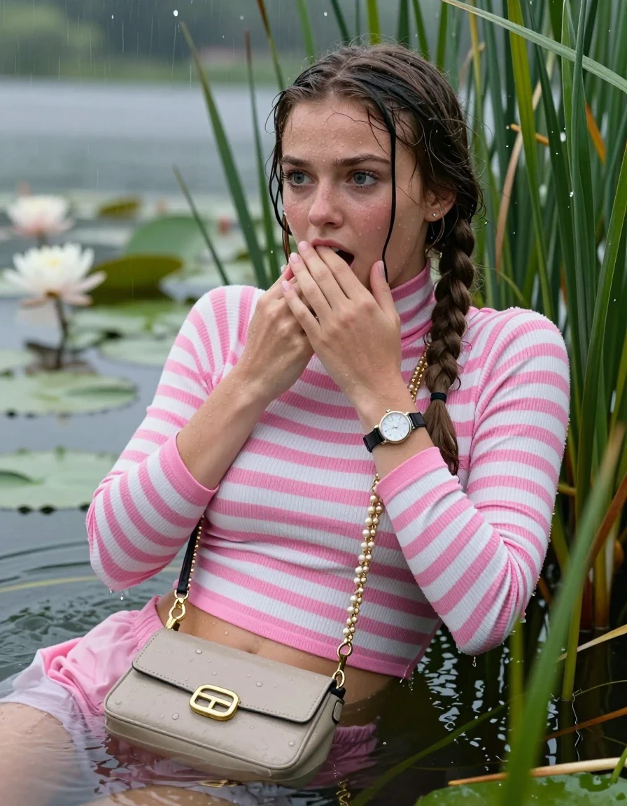 photo of young woman, in soaking wet, drenched clothes,
, , Tight pink and white striped turtleneck sweater belly free, handbag, pearl necklace, bracelet, wristwatch , Emerging after diving in a lake with water lilies and reeds, rain , 
enjoying, wet clothes stuck to body,
detailed textures of the wet clothes, wet face, wet plastered hair,
wet, drenched, professional, high-quality details, full body view.
sharp focus, ultra-high pixel detail, realistic, high-quality, full colors, incredibly detailed, 4k, 8k, 16k, hyper-realistic, RAW photo, masterpiece, ultra-detailed, professionally color graded, professional photograph, Two long braids

19 years old  teenage girl

Laying her breast on the surface.  Looking slightly away. Hold her hand on mouth.

she is completely underwater up to her neck, afraid and astonished expression. 

She hides in the reeds and is surprised by spectators

her submerged clothes are hardly vusible under water, she soaked her handbag into the water

close up view, wet skin, wet clothes, wet hair, damp fabric, water runs down the clothes, wet skin, wet clothes, damp fabric, wet skin, wet clothes, damp fabric, wet skin, wet clothes, damp fabric, wet skin, wet clothes, damp fabric, wet skin, wet clothes, damp fabric, wet skin, wet clothes, damp fabric, wet skin, wet clothes, damp fabric, wet skin, wet clothes, damp fabric, wet skin, wet clothes, damp fabric, wet skin, wet clothes, damp fabric, wet skin, wet clothes, damp fabric, wet skin, wet clothes, damp fabric, wet skin, wet clothes, damp fabric, wet skin, wet clothes, damp fabric, wet skin, wet clothes, damp fabric, wet skin, wet clothes, damp fabric, wet skin, wet clothes, damp fabric