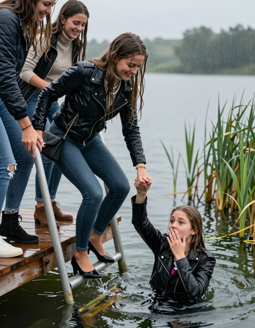 photo of young woman, in soaking wet, drenched clothes,
Heels, Completely soaked tight skinny jeans , Moncler shiny puffer down jacket, Tight turtleneck sweater belly free, handbag, pearl necklace, bracelet, wristwatch , Group of Girls on a wooden bathing platform with a bathing ladder on a beautiful lake. The girls smiles with a sense of adventure and climbs the ladder already half submerged into the water. The water reaches up to her chest. Heavy Rain. , 
enjoying, wet clothes stuck to body,
detailed textures of the wet clothes, wet face, wet plastered hair,
wet, drenched, professional, high-quality details, full body view.
sharp focus, ultra-high pixel detail, realistic, high-quality, full colors, incredibly detailed, 4k, 8k, 16k, hyper-realistic, RAW photo, masterpiece, ultra-detailed, professionally color graded, professional photograph, sleek long straight hair

19 years old  teenage girl

One Girl inside the water with a biker leatherjacket and one hand on her mouth, hold with the other the viewer's hand, pulling them she is completely underwater up to her neck, afraid and astonished expression. 

She hides in the reeds.

her submerged clothes are hardly vusible under water, she soaked her handbag into the water. The Girls wear different clothes. 

close up view, wet skin, wet clothes, wet hair, damp fabric, water runs down the clothes, wet skin, wet clothes, damp fabric, wet skin, wet clothes, damp fabric, wet skin, wet clothes, damp fabric, wet skin, wet clothes, damp fabric, wet skin, wet clothes, damp fabric, wet skin, wet clothes, damp fabric, wet skin, wet clothes, damp fabric, wet skin, wet clothes, damp fabric, wet skin, wet clothes, damp fabric, wet skin, wet clothes, damp fabric, wet skin, wet clothes, damp fabric, wet skin, wet clothes, damp fabric, wet skin, wet clothes, damp fabric, wet skin, wet clothes, damp fabric, wet skin, wet clothes, damp fabric, wet skin, wet clothes, damp fabric, wet skin, wet clothes, damp fabric, wet skin, wet clothes, damp fabric, wet skin, wet clothes, damp fabric
