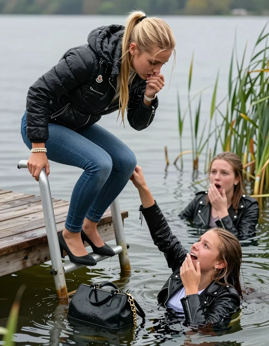 photo of young woman, in soaking wet, drenched clothes,
Heels, Completely soaked tight skinny jeans, Moncler shiny Puffer down jacket, Tight turtleneck sweater belly free, handbag, pearl necklace, bracelet, wristwatch , Three Girls on a wooden bathing platform with a bathing ladder on a beautiful lake. The girls smiles with a sense of adventure and climbs the ladder into the water. The water reaches up to her chest., 
enjoying, wet clothes stuck to body,
detailed textures of the wet clothes, wet face, wet plastered hair,
wet, drenched, professional, high-quality details, full body view.
sharp focus, ultra-high pixel detail, realistic, high-quality, full colors, incredibly detailed, 4k, 8k, 16k, hyper-realistic, RAW photo, masterpiece, ultra-detailed, professionally color graded, professional photograph, Blond sleek long straight hair, sleek ponytail 

19 years old  teenage girl

Laying her breast on the surface.  Looking slightly away. Hold her hand over mouth.

One Girl inside the water with a black biker leatherjacket and one hand on her mouth, hold with the other the viewer's hand, pulling them she is completely underwater up to her neck, afraid and astonished expression. 

She hides in the reeds.

her submerged clothes are hardly vusible under water, she soaked her handbag into the water. The Girls wear different clothes. 

close up view, wet skin, wet clothes, wet hair, damp fabric, water runs down the clothes, wet skin, wet clothes, damp fabric, wet skin, wet clothes, damp fabric, wet skin, wet clothes, damp fabric, wet skin, wet clothes, damp fabric, wet skin, wet clothes, damp fabric, wet skin, wet clothes, damp fabric, wet skin, wet clothes, damp fabric, wet skin, wet clothes, damp fabric, wet skin, wet clothes, damp fabric, wet skin, wet clothes, damp fabric, wet skin, wet clothes, damp fabric, wet skin, wet clothes, damp fabric, wet skin, wet clothes, damp fabric, wet skin, wet clothes, damp fabric, wet skin, wet clothes, damp fabric, wet skin, wet clothes, damp fabric, wet skin, wet clothes, damp fabric, wet skin, wet clothes, damp fabric, wet skin, wet clothes, damp fabric, wet skin, wet clothes, damp fabric