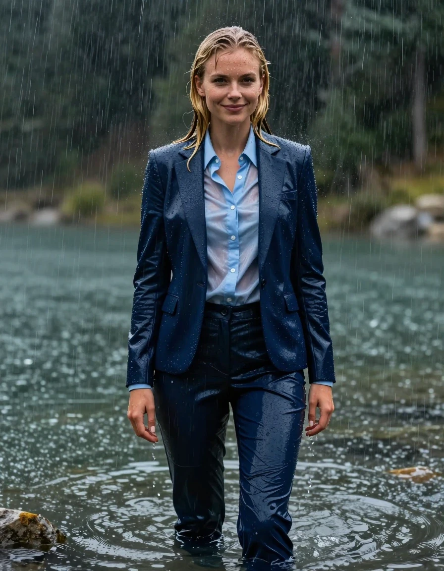 A stunning, full-body photorealistic shot of a young European woman with a long layered cut, side-parted blonde hair, standing in deep water at a mountain lake during a heavy rainstorm. She is fully clothed in a dark blue business suit, consisting of a tailored dark blue business suit jacket and a light blue button-down long-sleeve shirt, paired with matching dark blue business suit trousers. The entire outfit is completely soaked and drenched, with the fabric heavily saturated, clinging to her body, and exhibiting deep, damp folds and textures. The light blue shirt is translucent from the heavy rain, revealing skin texture underneath. Her skin is glistening with water, and her hair is wet and slicked. She is smiling softly with her eyes open while showering under the intense rain. The environment is dark and moody, with heavy rain falling, creating a wet sheen on her skin and fabric. 4k high resolution, hyper-realistic wetlook, sharp focus, cinematic lighting, dramatic atmosphere.