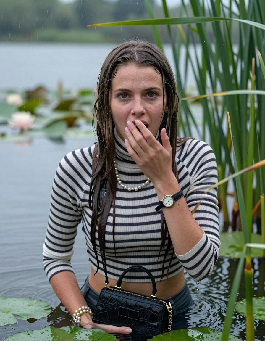 photo of young woman, in soaking wet, drenched clothes,
, , Tight striped turtleneck sweater belly free, handbag, pearl necklace, bracelet, wristwatch , Emerging after diving in a lake with water lilies and reeds, rain , 
enjoying, wet clothes stuck to body,
detailed textures of the wet clothes, wet face, wet plastered hair,
wet, drenched, professional, high-quality details, full body view.
sharp focus, ultra-high pixel detail, realistic, high-quality, full colors, incredibly detailed, 4k, 8k, 16k, hyper-realistic, RAW photo, masterpiece, ultra-detailed, professionally color graded, professional photograph, Sleek long straight hair 

19 years old  teenage girl

Laying her breast on the surface.  Looking at camera. Hold her hand on mouth.

she is completely underwater up to her neck, afraid and astonished expression. 

She hides in the reeds and is surprised by spectators

her submerged clothes are hardly vusible under water, she soaked her handbag into the water

close up view, wet skin, wet clothes, wet hair, damp fabric, water runs down the clothes, wet skin, wet clothes, damp fabric, wet skin, wet clothes, damp fabric, wet skin, wet clothes, damp fabric, wet skin, wet clothes, damp fabric, wet skin, wet clothes, damp fabric, wet skin, wet clothes, damp fabric, wet skin, wet clothes, damp fabric, wet skin, wet clothes, damp fabric, wet skin, wet clothes, damp fabric, wet skin, wet clothes, damp fabric, wet skin, wet clothes, damp fabric, wet skin, wet clothes, damp fabric, wet skin, wet clothes, damp fabric, wet skin, wet clothes, damp fabric, wet skin, wet clothes, damp fabric, wet skin, wet clothes, damp fabric, wet skin, wet clothes, damp fabric