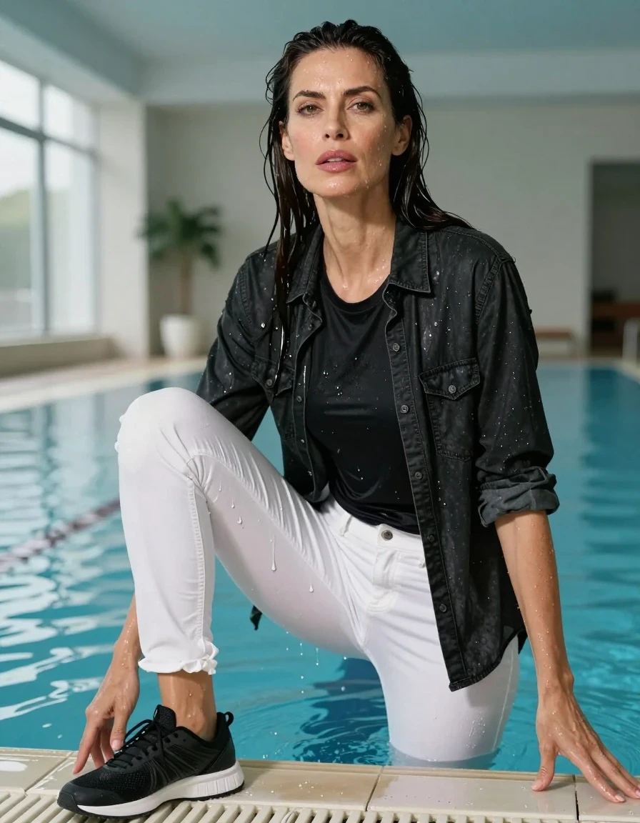 photo of young woman, in soaking wet, drenched clothes,
sport shoes, white jeans, black t-shirt over clinging, black denim shirt, in intdoor sunny swimming pool, enjoying wet clothes stuck body, enjoying, wet clothes stuck to body, 
enjoying, wet clothes stuck to body,
detailed textures of the wet clothes, wet face, wet plastered hair,
wet, drenched, professional, high-quality details, full body view.
sharp focus, ultra-high pixel detail, realistic, high-quality, full colors, incredibly detailed, 4k, 8k, 16k, hyper-realistic, RAW photo, masterpiece, ultra-detailed, professionally color graded, professional photograph, europen brunette skinny woman 50 years old, long dark black hair, very big and thick lips, complete body, wet skin, wet clothes, damp fabric, wet skin, wet clothes, damp fabric, wet skin, wet clothes, damp fabric, wet skin, wet clothes, damp fabric, wet skin, wet clothes, damp fabric, wet skin, wet clothes, damp fabric