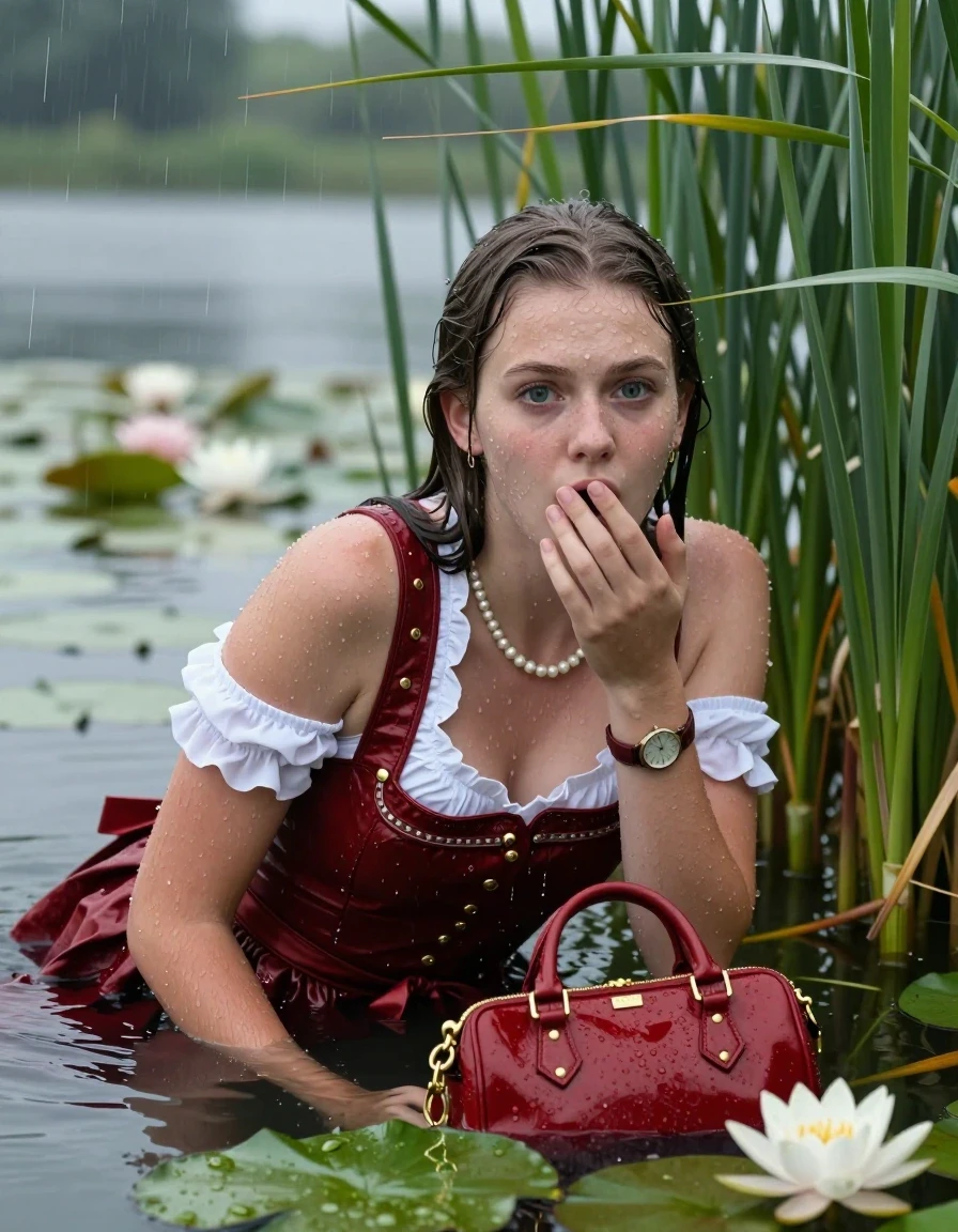 photo of young woman, in soaking wet, drenched clothes,
, , Short red Dirndl, handbag, pearl necklace, bracelet, wristwatch , Emerging after diving in a lake with water lilies and reeds, rain , 
enjoying, wet clothes stuck to body,
detailed textures of the wet clothes, wet face, wet plastered hair,
wet, drenched, professional, high-quality details, full body view.
sharp focus, ultra-high pixel detail, realistic, high-quality, full colors, incredibly detailed, 4k, 8k, 16k, hyper-realistic, RAW photo, masterpiece, ultra-detailed, professionally color graded, professional photograph, Sleek long straight hair 

19 years old  teenage girl

Laying her breast on the surface.  Looking at camera. Hold her hand on mouth.

she is completely underwater up to her neck, afraid and astonished expression. 

She hides in the reeds and is surprised by spectators

her submerged clothes are hardly vusible under water, she soaked her handbag into the water

close up view, wet skin, wet clothes, wet hair, damp fabric, water runs down the clothes, wet skin, wet clothes, damp fabric, wet skin, wet clothes, damp fabric, wet skin, wet clothes, damp fabric, wet skin, wet clothes, damp fabric, wet skin, wet clothes, damp fabric, wet skin, wet clothes, damp fabric, wet skin, wet clothes, damp fabric, wet skin, wet clothes, damp fabric, wet skin, wet clothes, damp fabric, wet skin, wet clothes, damp fabric, wet skin, wet clothes, damp fabric, wet skin, wet clothes, damp fabric, wet skin, wet clothes, damp fabric, wet skin, wet clothes, damp fabric, wet skin, wet clothes, damp fabric, wet skin, wet clothes, damp fabric, wet skin, wet clothes, damp fabric
