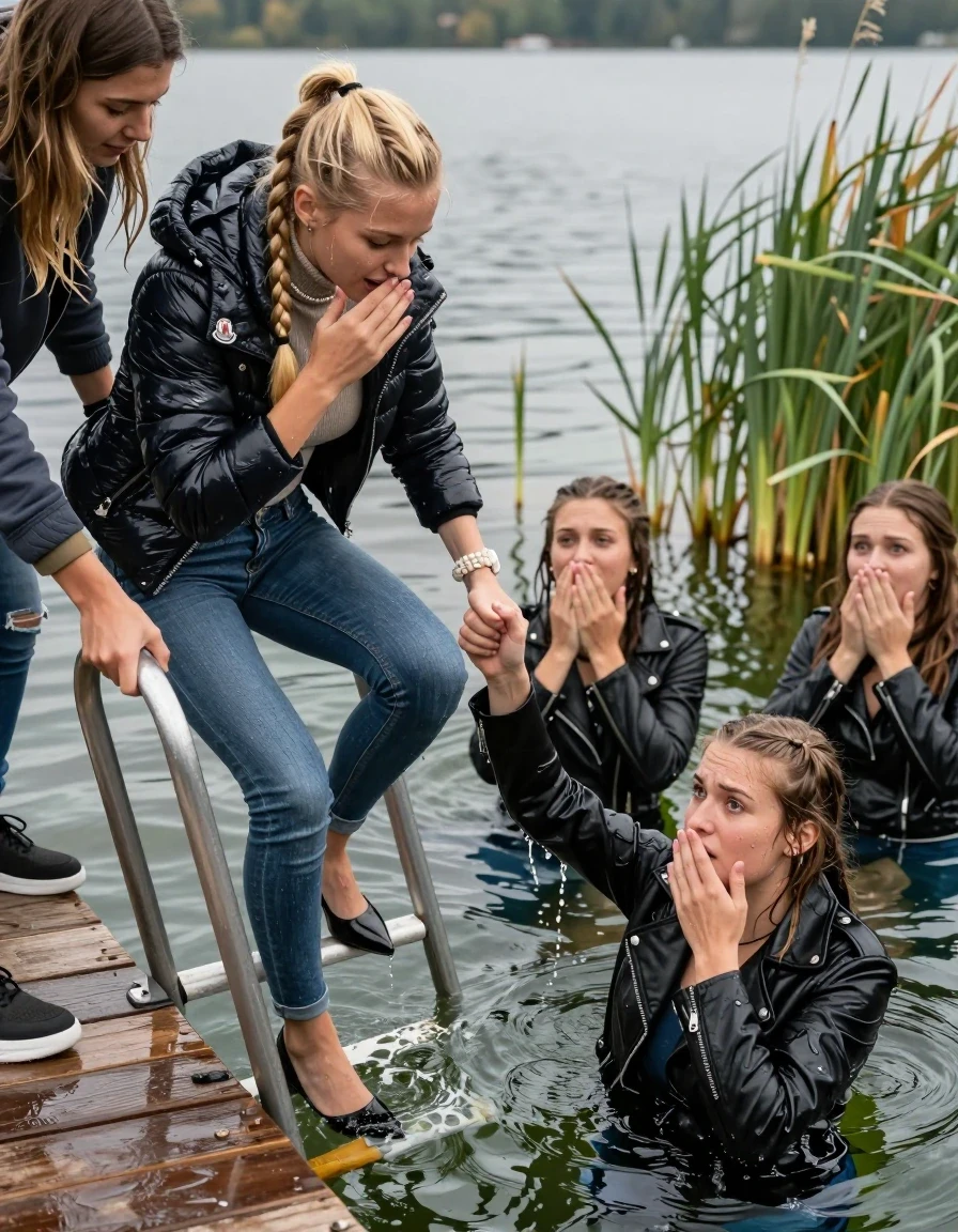 photo of young woman, in soaking wet, drenched clothes,
Heels, Completely soaked tight skinny jeans , Moncler shiny puffer down jacket, Tight turtleneck sweater belly free, handbag, pearl necklace, bracelet, wristwatch , Group of Girls with her hands on her mouth on a wooden bathing platform with a bathing ladder on a beautiful lake. The girls smiles with a sense of adventure and climbs the ladder already half submerged into the water. The water reaches up to her chest., 
enjoying, wet clothes stuck to body,
detailed textures of the wet clothes, wet face, wet plastered hair,
wet, drenched, professional, high-quality details, full body view.
sharp focus, ultra-high pixel detail, realistic, high-quality, full colors, incredibly detailed, 4k, 8k, 16k, hyper-realistic, RAW photo, masterpiece, ultra-detailed, professionally color graded, professional photograph, Blonde sleek long straight hair, sleek ponytail, two long braids

19 years old  teenage girl

Laying her breast on the surface.  Looking slightly away.

One Girl inside the water with a biker leatherjacket and one hand on her mouth, hold with the other the viewer's hand, pulling them she is completely underwater up to her neck, afraid and astonished expression. 

She hides in the reeds.

her submerged clothes are hardly vusible under water, she soaked her handbag into the water. The Girls wear different clothes. 

close up view, wet skin, wet clothes, wet hair, damp fabric, water runs down the clothes, wet skin, wet clothes, damp fabric, wet skin, wet clothes, damp fabric, wet skin, wet clothes, damp fabric, wet skin, wet clothes, damp fabric, wet skin, wet clothes, damp fabric, wet skin, wet clothes, damp fabric, wet skin, wet clothes, damp fabric, wet skin, wet clothes, damp fabric, wet skin, wet clothes, damp fabric, wet skin, wet clothes, damp fabric, wet skin, wet clothes, damp fabric, wet skin, wet clothes, damp fabric, wet skin, wet clothes, damp fabric, wet skin, wet clothes, damp fabric, wet skin, wet clothes, damp fabric, wet skin, wet clothes, damp fabric, wet skin, wet clothes, damp fabric, wet skin, wet clothes, damp fabric, wet skin, wet clothes, damp fabric, wet skin, wet clothes, damp fabric