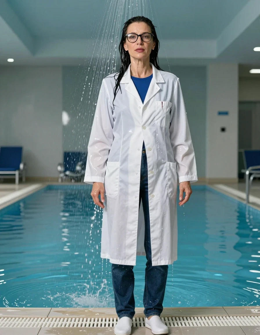 photo of young woman, in soaking wet, drenched clothes,
shoes, blue jeans, dark blue t-shirt over clinging, maxi white labcoat, shower indoor swimming pool, enjoying wet clothes stuck body, enjoying, wet clothes stuck to body, 
enjoying, wet clothes stuck to body,
detailed textures of the wet clothes, wet face, wet plastered hair,
wet, drenched, professional, high-quality details, full body view.
sharp focus, ultra-high pixel detail, realistic, high-quality, full colors, incredibly detailed, 4k, 8k, 16k, hyper-realistic, RAW photo, masterpiece, ultra-detailed, professionally color graded, professional photograph, europen brunette skinny woman 50 years old, long dark black hair, office glasses, very big and thick lips, complete body, wet skin, wet clothes, damp fabric, wet skin, wet clothes, damp fabric, wet skin, wet clothes, damp fabric, wet skin, wet clothes, damp fabric, wet skin, wet clothes, damp fabric, wet skin, wet clothes, damp fabric
