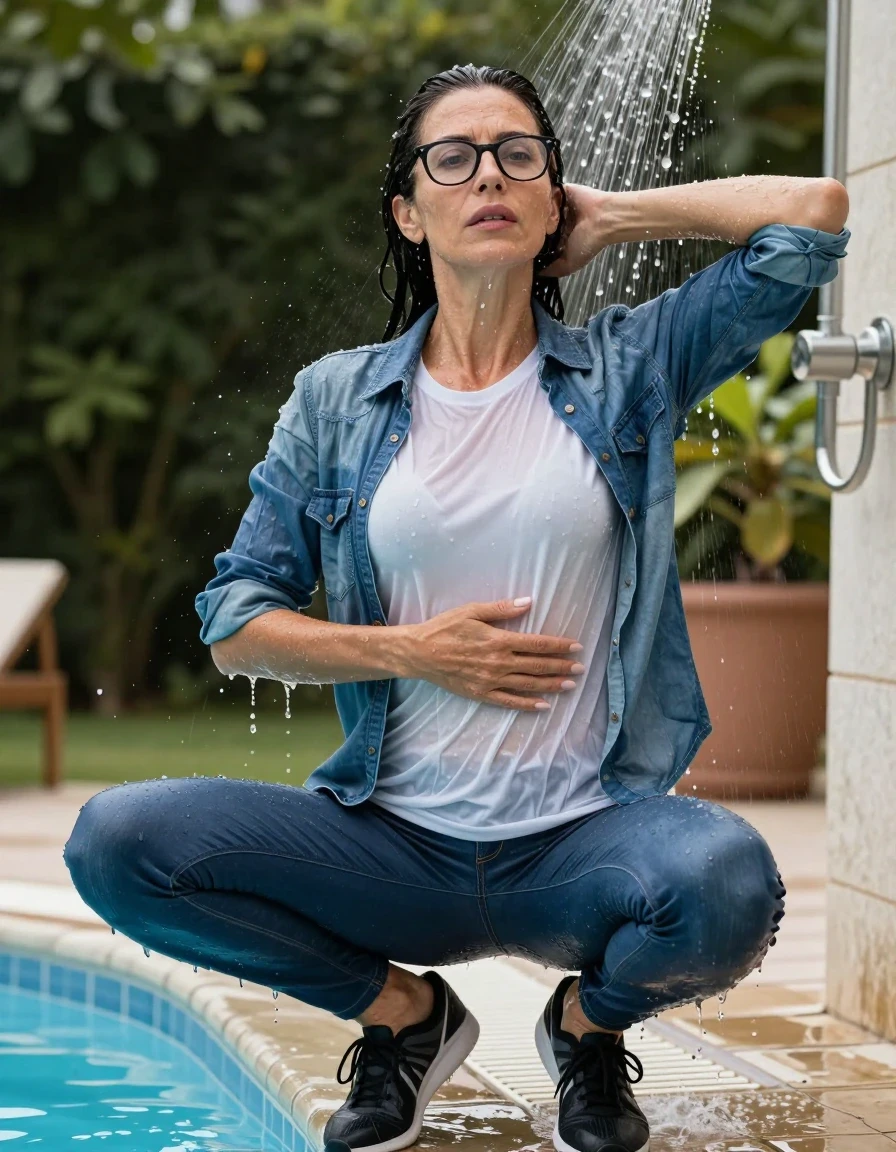 photo of young woman, in soaking wet, drenched clothes,
sport shoes, blue jeans, white t-shirt over clinging, blue denim shirt, taking shower after swim in outdoor swimming pool, enjoying wet clothes stuck body, enjoying, wet clothes stuck to body, 
enjoying, wet clothes stuck to body,
detailed textures of the wet clothes, wet face, wet plastered hair,
wet, drenched, professional, high-quality details, full body view.
sharp focus, ultra-high pixel detail, realistic, high-quality, full colors, incredibly detailed, 4k, 8k, 16k, hyper-realistic, RAW photo, masterpiece, ultra-detailed, professionally color graded, professional photograph, europen brunette skinny woman 50 years old, long dark black hair, very big and thick lips,  office glasses, complete body, wet skin, wet clothes, damp fabric, wet skin, wet clothes, damp fabric, wet skin, wet clothes, damp fabric, wet skin, wet clothes, damp fabric, wet skin, wet clothes, damp fabric, wet skin, wet clothes, damp fabric