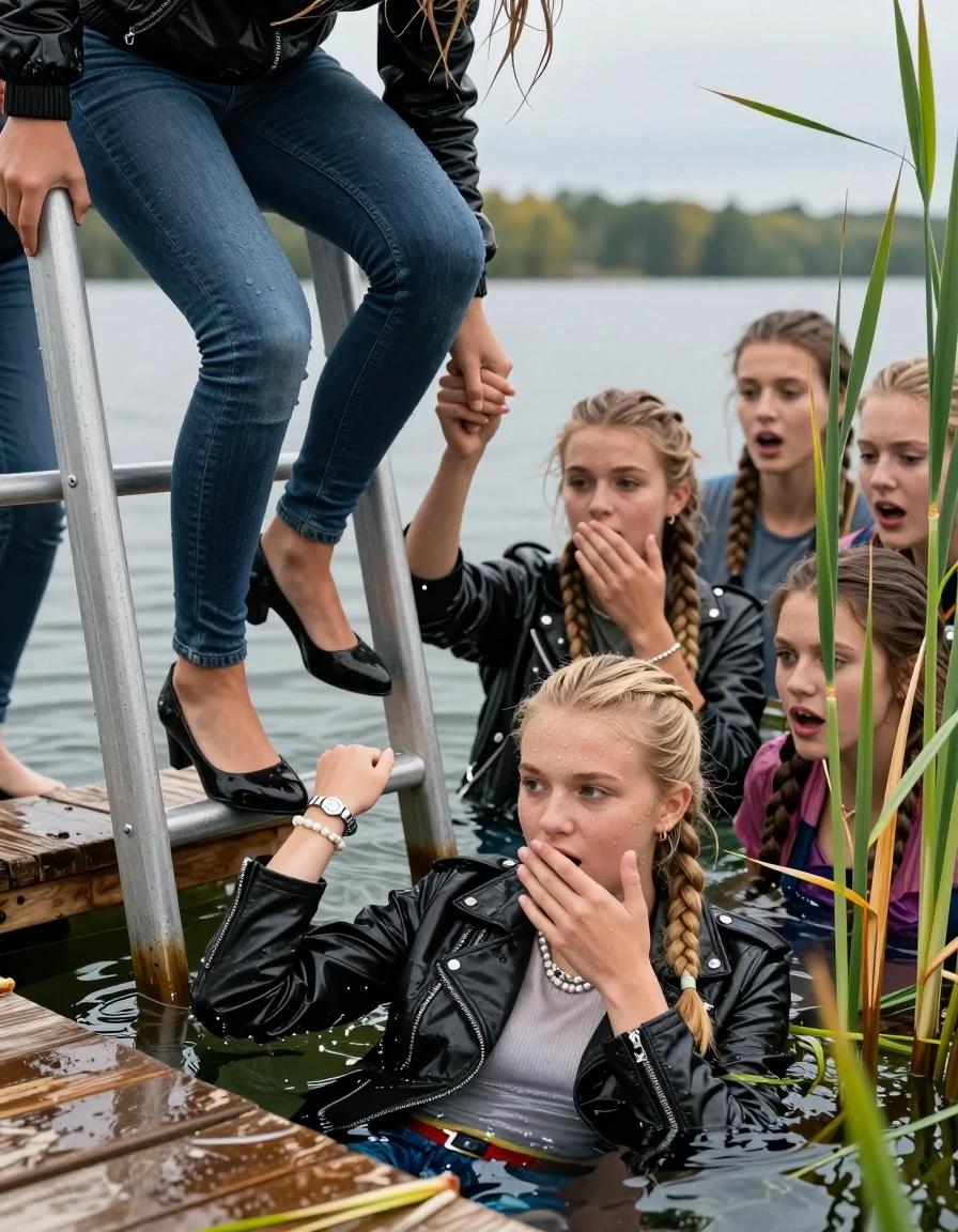photo of young woman, in soaking wet, drenched clothes,
Heels, Completely soaked tight skinny jeans , Moncler shiny puffer down jacket, Tight turtleneck sweater belly free, handbag, pearl necklace, bracelet, wristwatch , Group of Girls with a hand on her mouth on a wooden bathing platform with a bathing ladder on a beautiful lake. The girls smiles with a sense of adventure and climbs the ladder already half submerged into the water. The water reaches up to her chest. , 
enjoying, wet clothes stuck to body,
detailed textures of the wet clothes, wet face, wet plastered hair,
wet, drenched, professional, high-quality details, full body view.
sharp focus, ultra-high pixel detail, realistic, high-quality, full colors, incredibly detailed, 4k, 8k, 16k, hyper-realistic, RAW photo, masterpiece, ultra-detailed, professionally color graded, professional photograph, Blonde sleek long straight hair, sleek ponytail, two long braids

19 years old  teenage girl

Laying her breast on the surface.  Looking slightly away.

One Girl inside the water with a biker leatherjacket and one hand on her mouth, hold with the other the viewer's hand, pulling them she is completely underwater up to her neck, afraid and astonished expression. 

She hides in the reeds.

her submerged clothes are hardly vusible under water, she soaked her handbag into the water. The Girls wear different clothes. 

close up view, wet skin, wet clothes, wet hair, damp fabric, water runs down the clothes, wet skin, wet clothes, damp fabric, wet skin, wet clothes, damp fabric, wet skin, wet clothes, damp fabric, wet skin, wet clothes, damp fabric, wet skin, wet clothes, damp fabric, wet skin, wet clothes, damp fabric, wet skin, wet clothes, damp fabric, wet skin, wet clothes, damp fabric, wet skin, wet clothes, damp fabric, wet skin, wet clothes, damp fabric, wet skin, wet clothes, damp fabric, wet skin, wet clothes, damp fabric, wet skin, wet clothes, damp fabric, wet skin, wet clothes, damp fabric, wet skin, wet clothes, damp fabric, wet skin, wet clothes, damp fabric, wet skin, wet clothes, damp fabric, wet skin, wet clothes, damp fabric, wet skin, wet clothes, damp fabric, wet skin, wet clothes, damp fabric